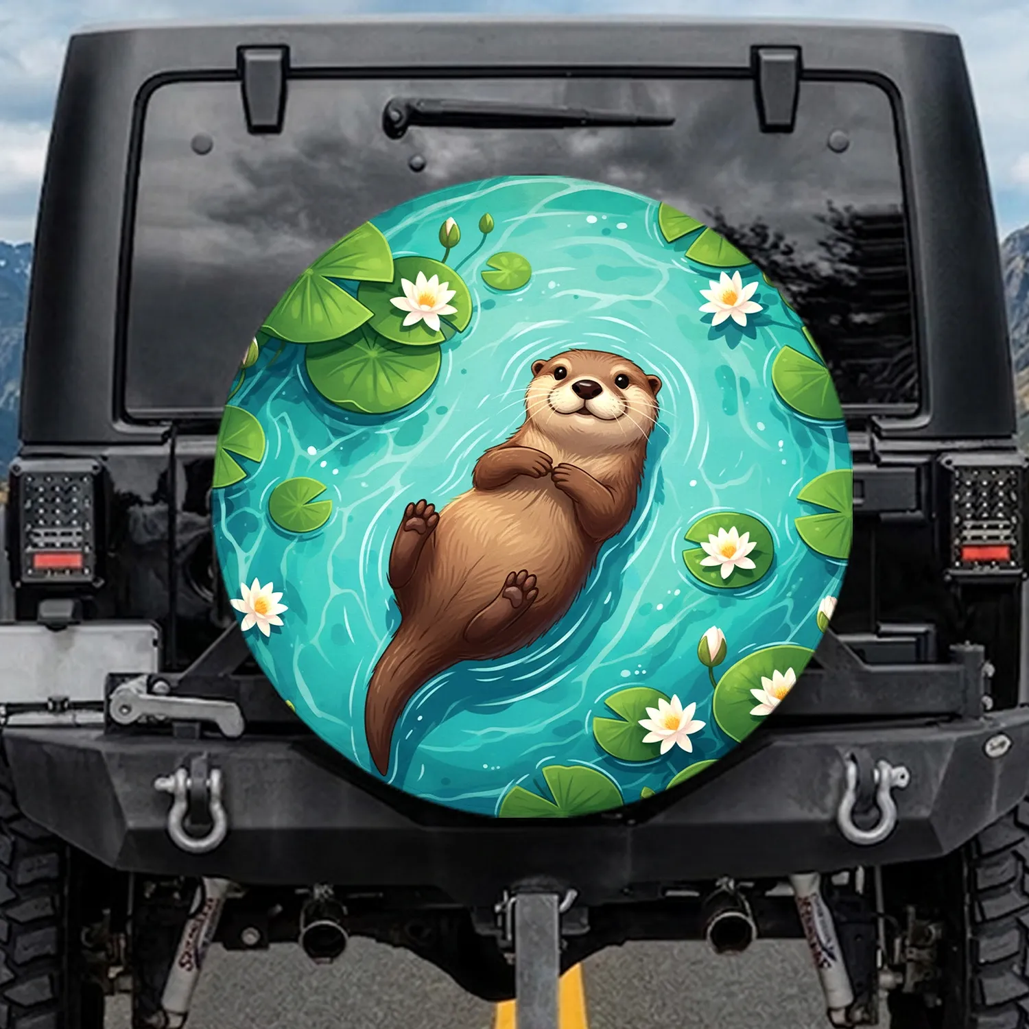 River Otter Floating Back Lily Pads Water Lilies Freshwater Pond - Wildlife Lover Gift Spare Tire Cover - 1