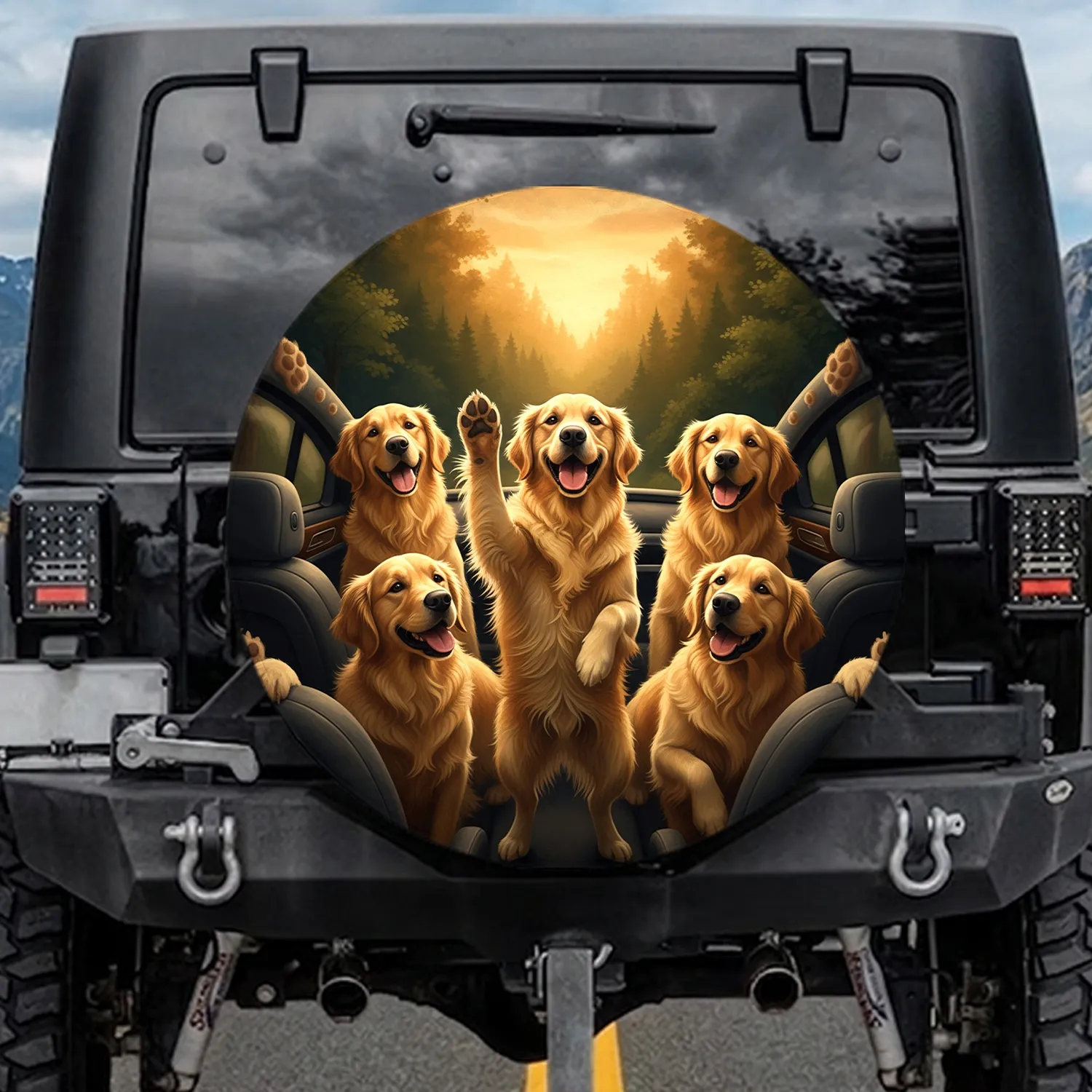 Five Waving Golden Retriever Dogs Scenic Road Trip - Travel Essentials for Pet Owners Spare Tire Cover - 1