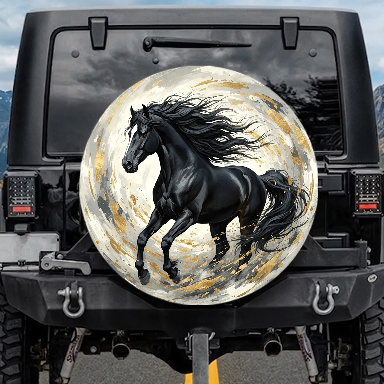 Majestic Black Horse White Blaze - Wildlife Lover Gift Spare Tire Cover - 1
