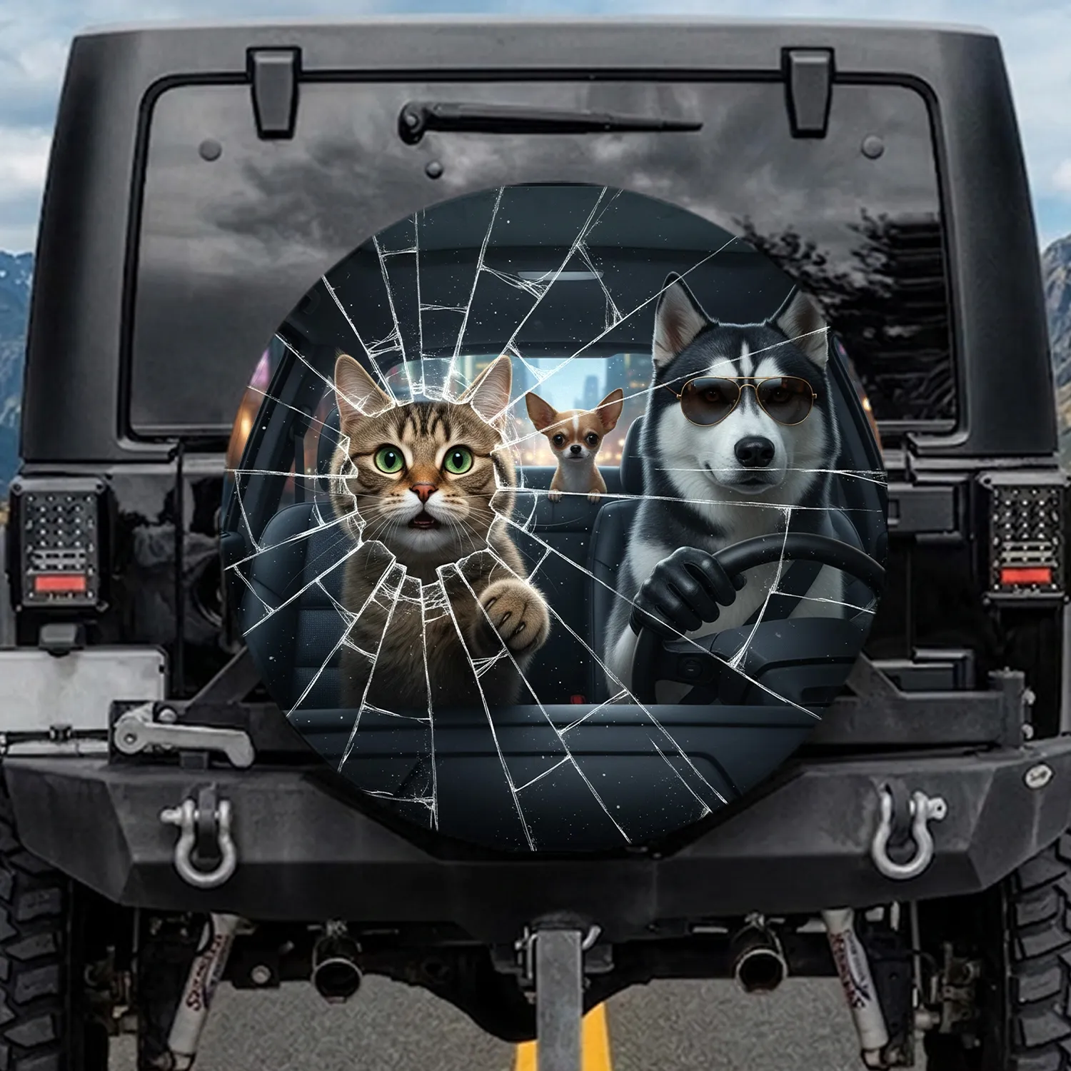 Shattered Glass Tabby Cat Husky Dog - Pet Lover Car Accessory Gift Spare Tire Cover - 1