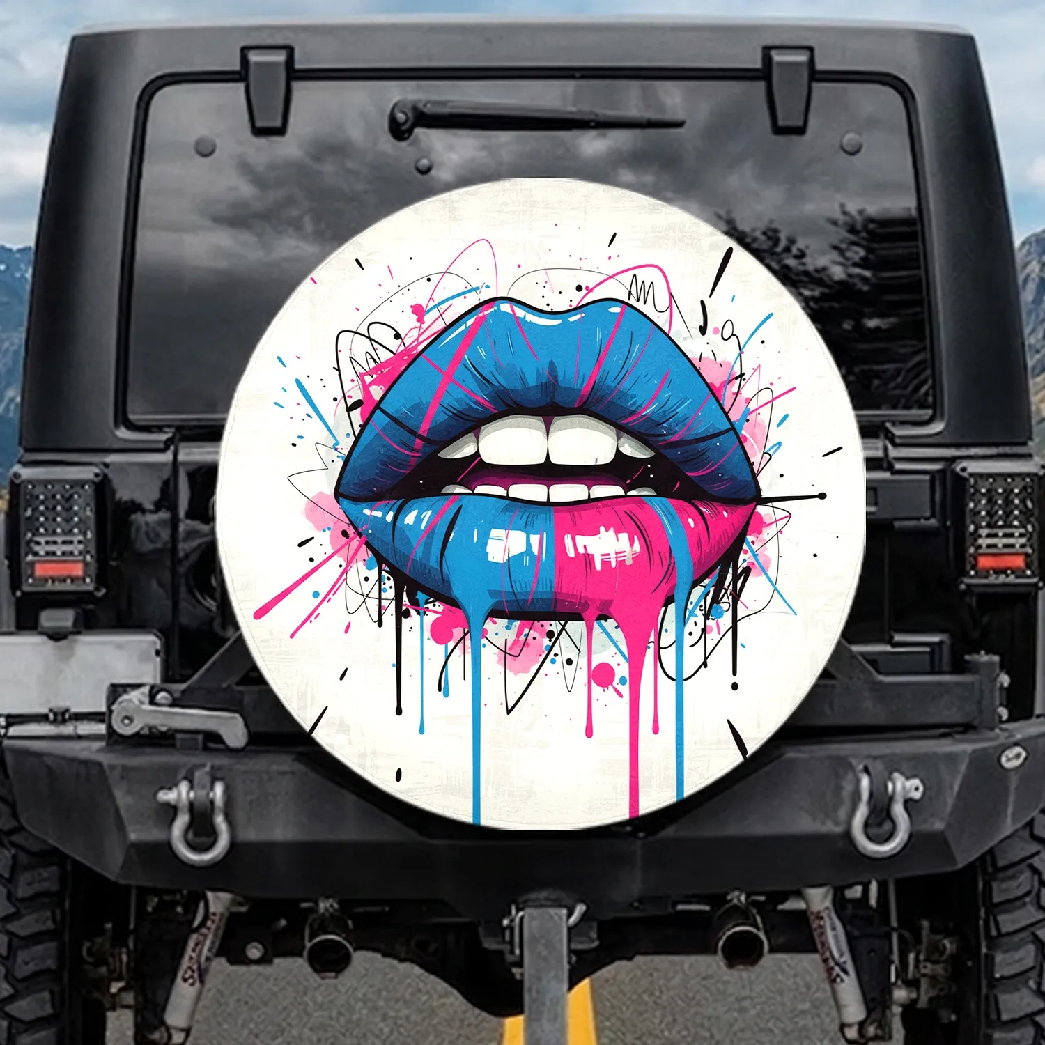 Electric Blue Hot Pink Pop Art Lips - Street Art Home Decor Gift for Her Spare Tire Cover - 1