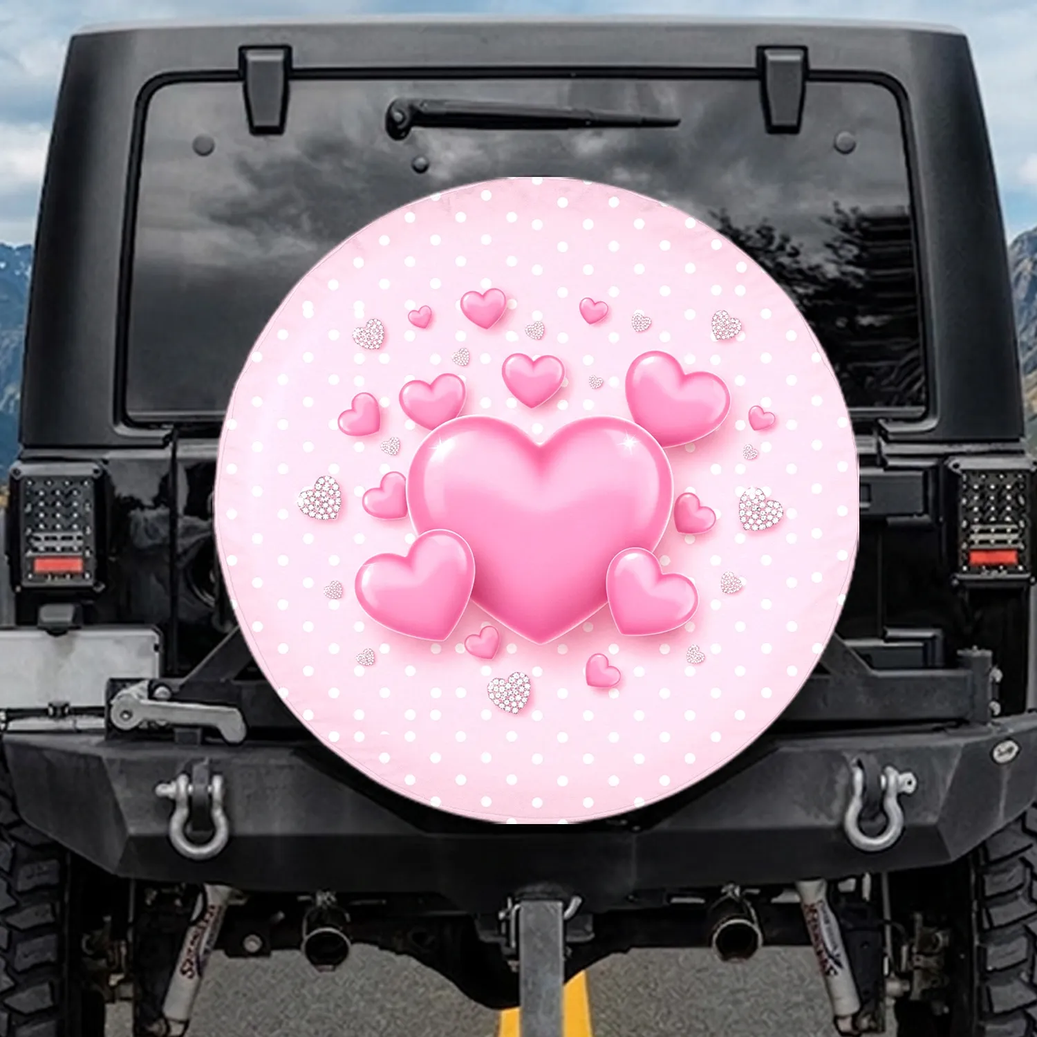 Glossy Pink Hearts Sparkling Gemstones Polka Dots - Everyday Vehicle Accent Spare Tire Cover - 1