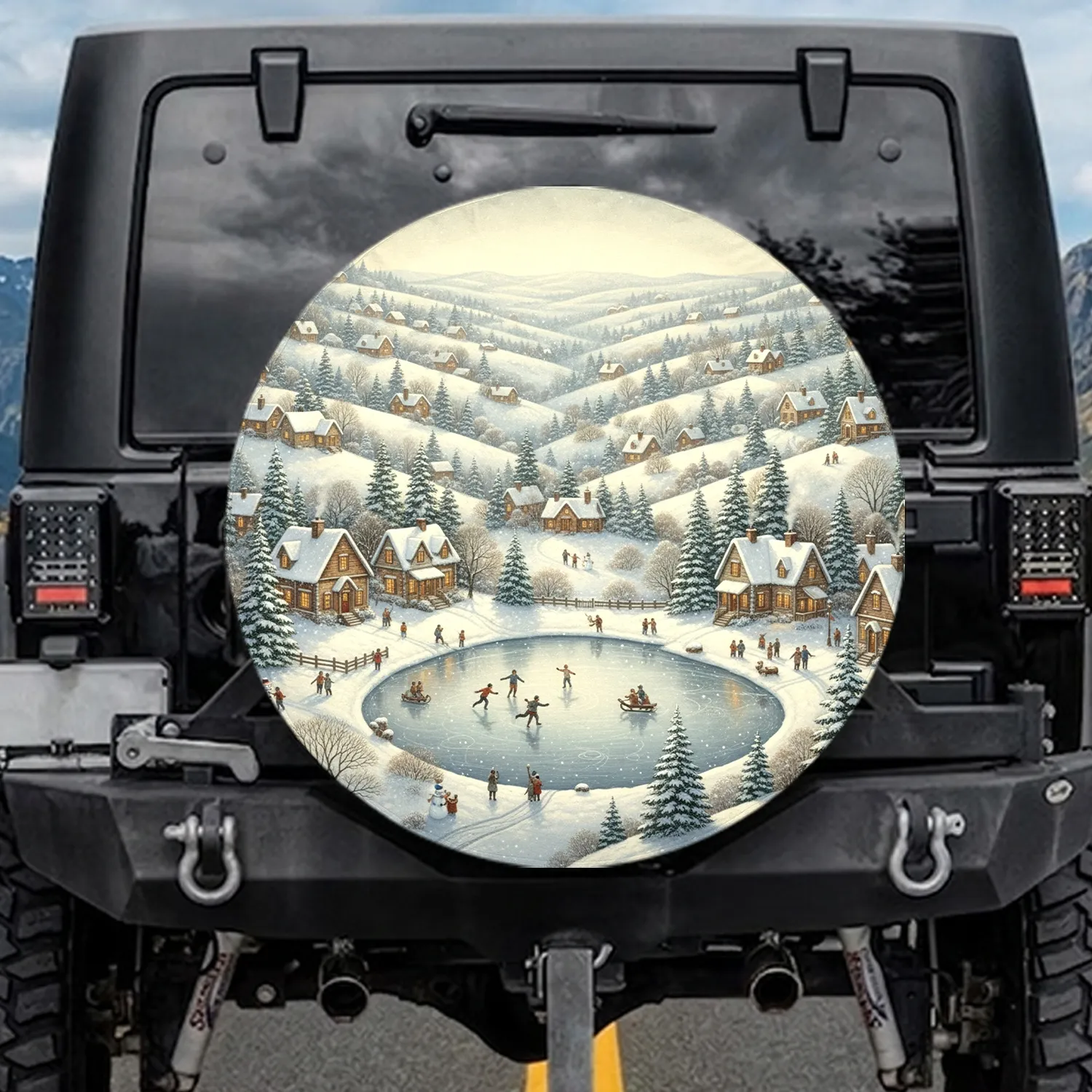 Winter Village Ice Skaters Sledding Snow Houses Evergreen Trees - Christmas Holiday Decor Spare Tire Cover - 1