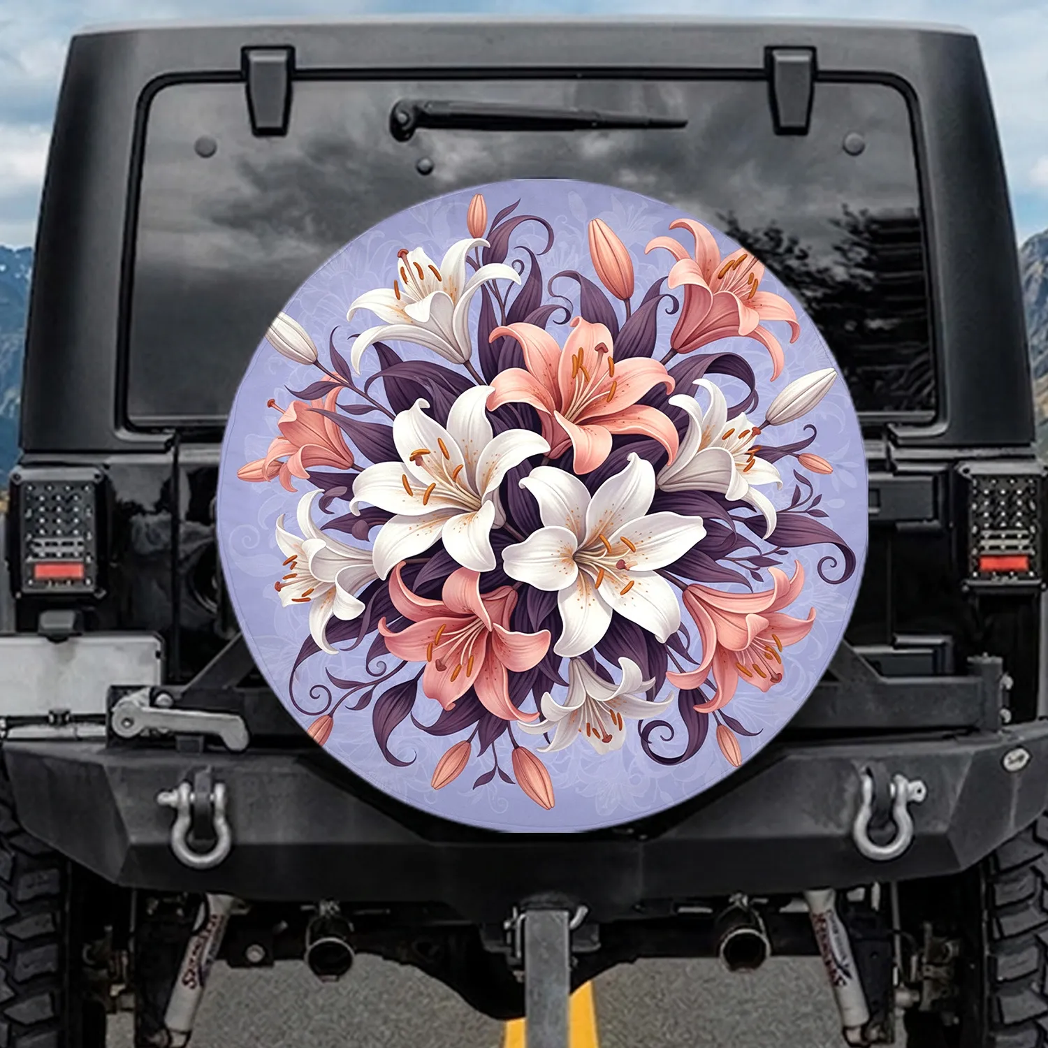 White Pink Orange Lily Flowers Plum Lavender Leaves Periwinkle Field - Home Decor Gift Spare Tire Cover - 1
