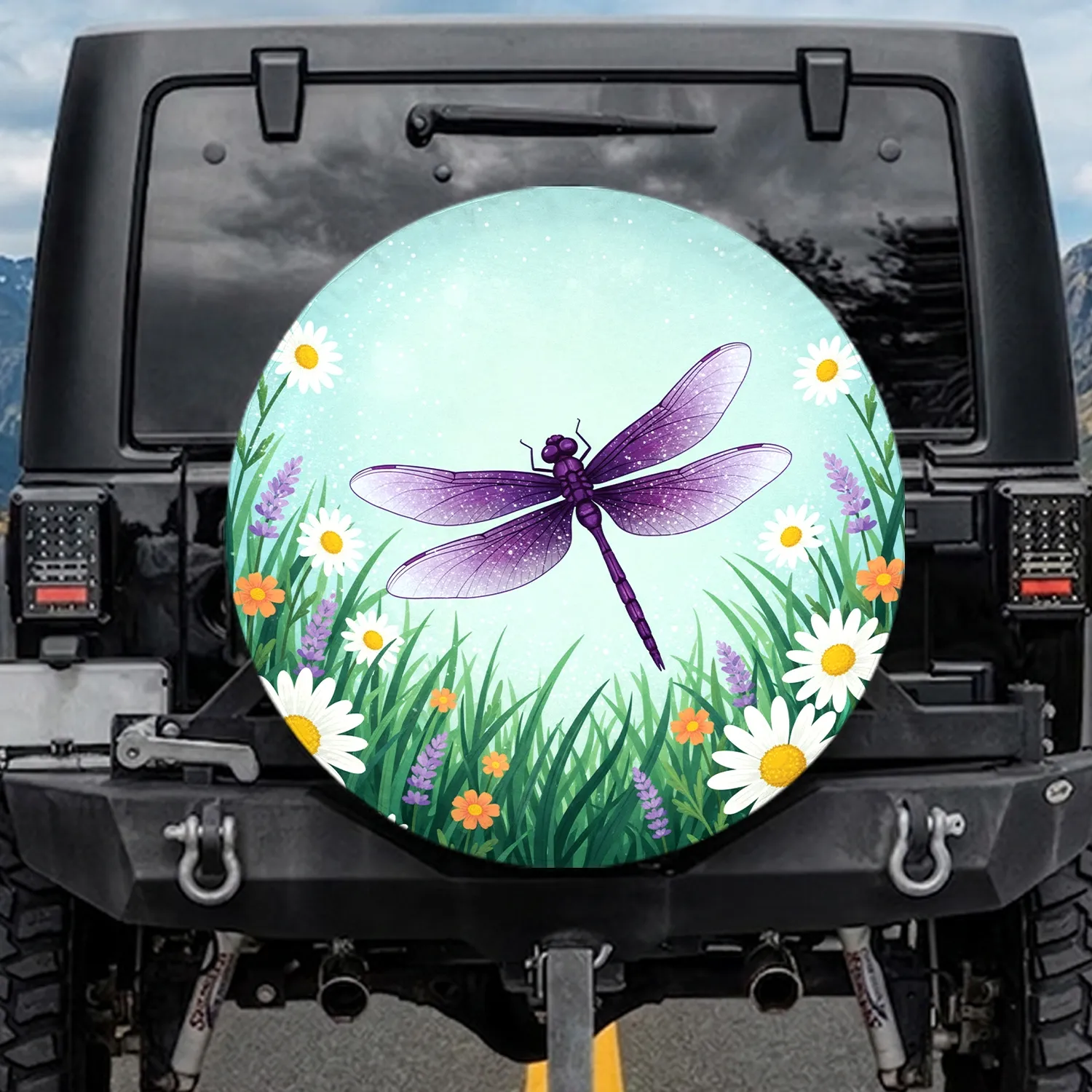 Dark Purple Dragonfly White Daisies Wildflowers Grass - Outdoor Adventure Gift Spare Tire Cover - 1