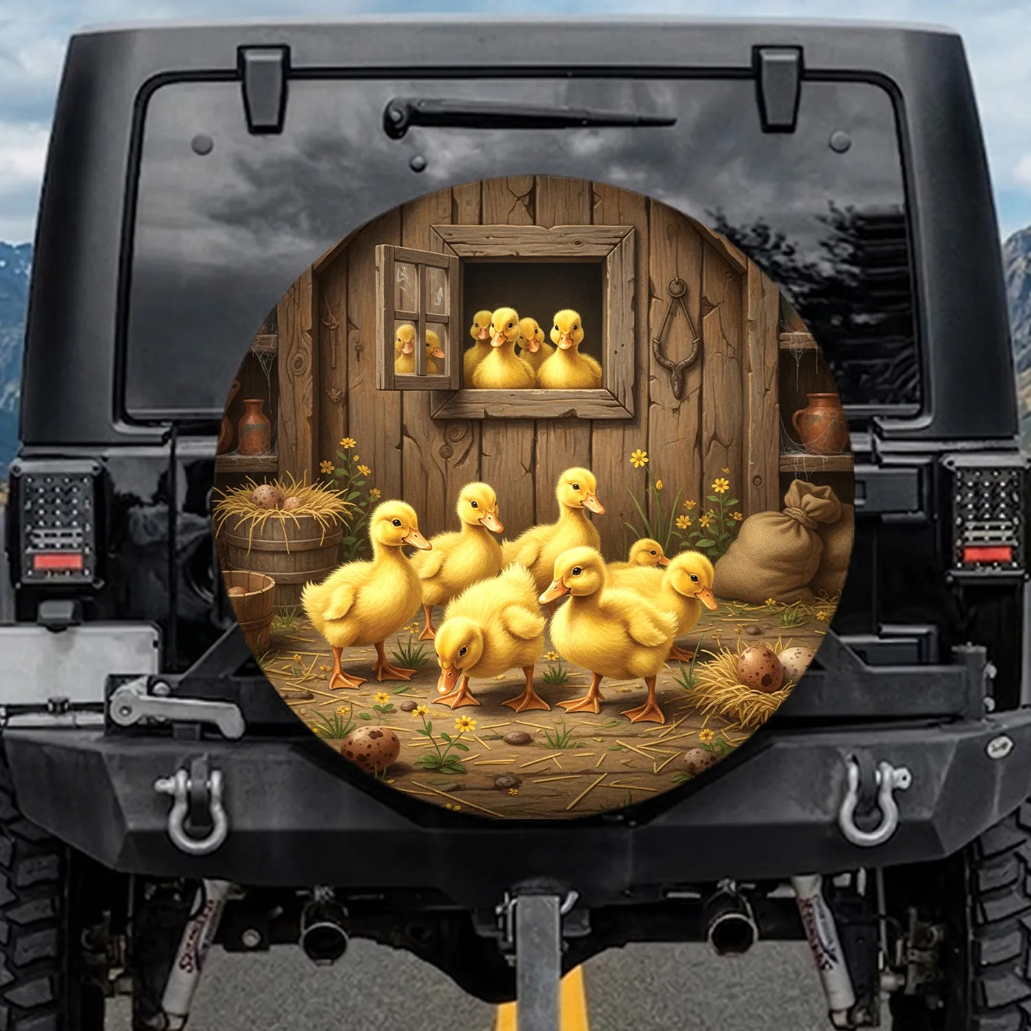 Fluffy Yellow Ducklings Rustic Barn - Farmhouse Decor Gift for Duckling Lover Spare Tire Cover - 1
