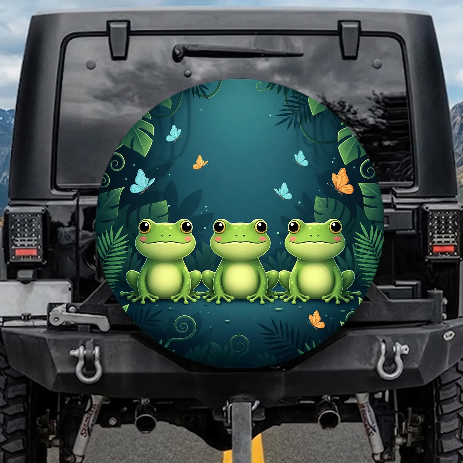 Adorable Friendly Cartoon Frogs Tropical Jungle Butterflies - Wildlife Lover Gift Spare Tire Cover - 1