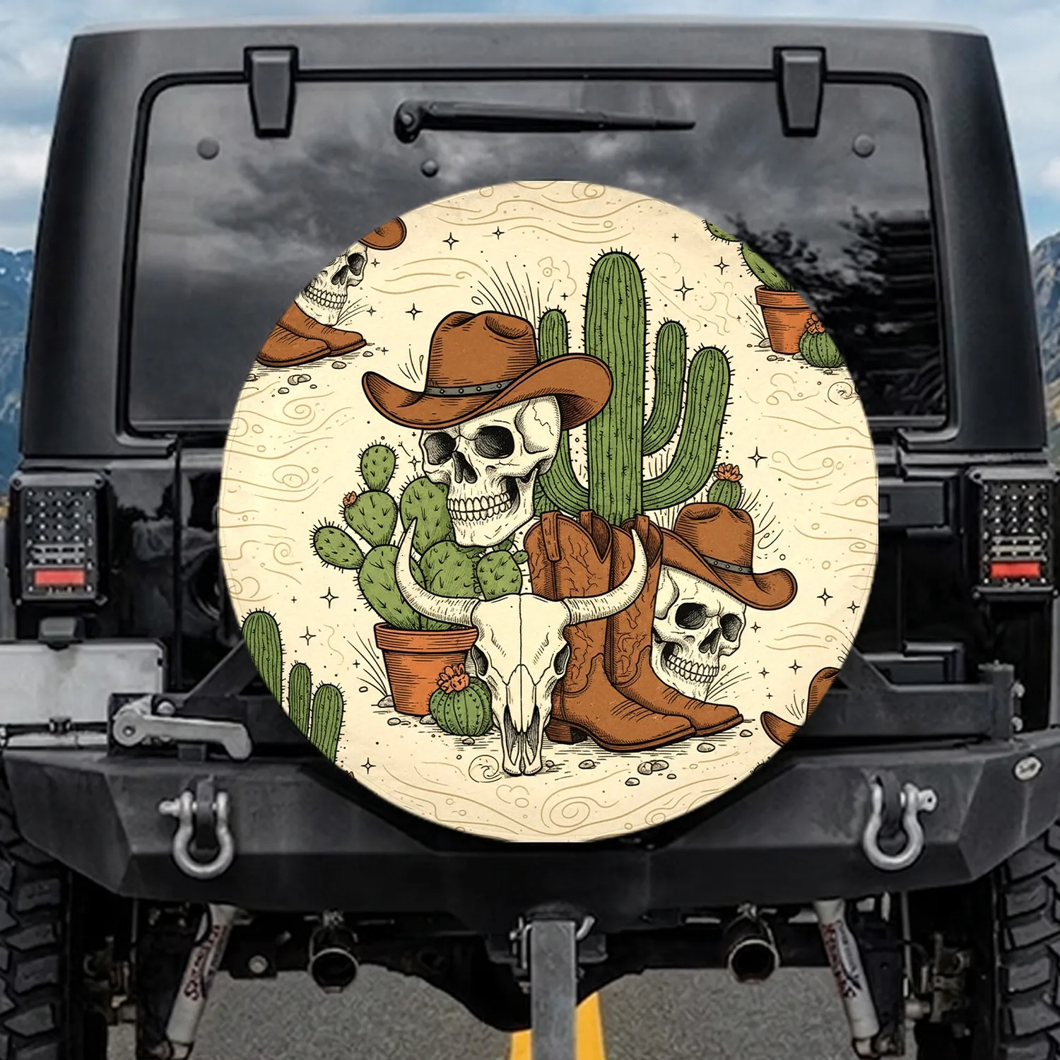 Weathered Skull Cowboy Hat Saguaro Cactus Bull Skull Desert - Western Lifestyle Spare Tire Cover - 1