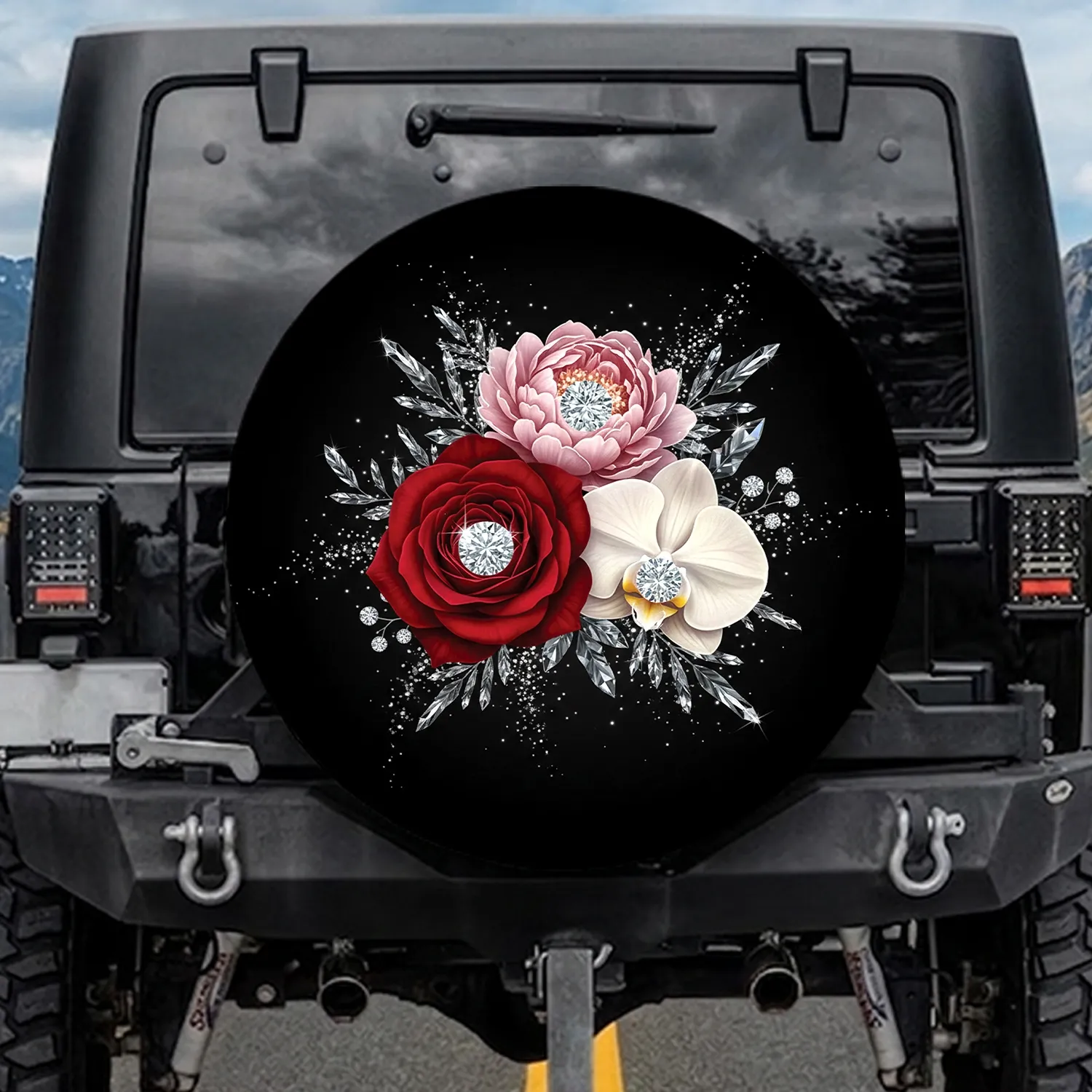 Crimson Blush Off-White Diamond Flowers Crystal Leaves Display - Home Decor Gift Spare Tire Cover - 1