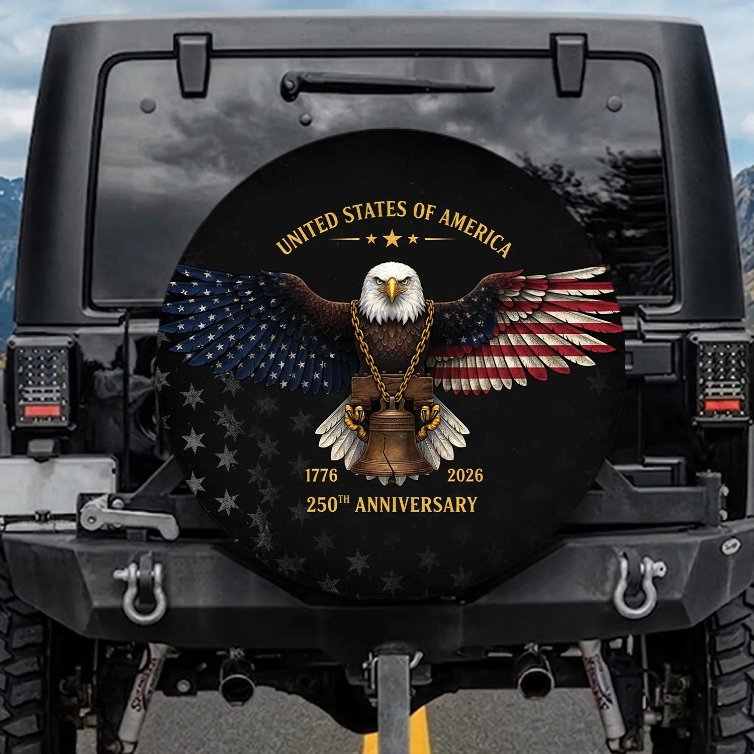 Bald Eagle American Flag Liberty Bell 250th Anniversary for Veterans Spare Tire Cover - 1