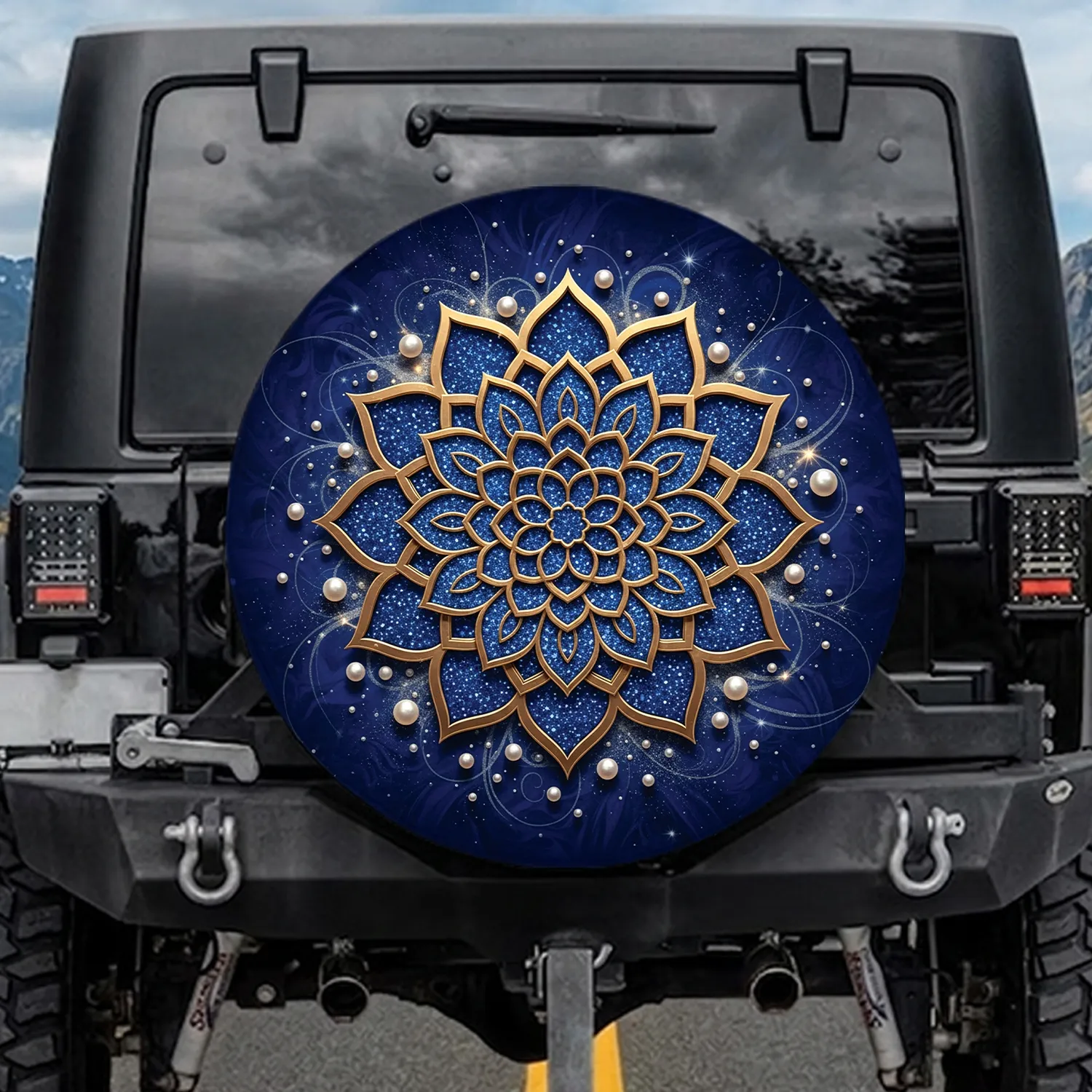 Floral Mandala Filigree Gold Sapphire Pearl - Home Decor Gift Spare Tire Cover - 1