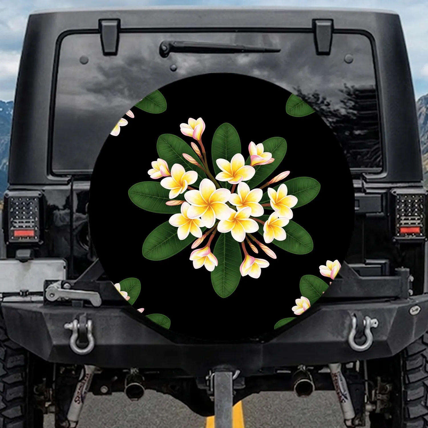 Frangipani Flowers Black Background - Botanical Home Decor Gift for Garden Lover Spare Tire Cover - 1