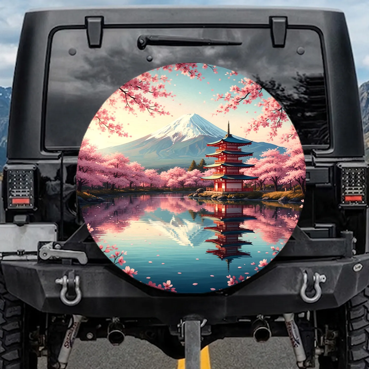 Japanese Pagoda Mount Fuji Cherry Blossom Lake - Travel Essentials Spare Tire Cover - 1