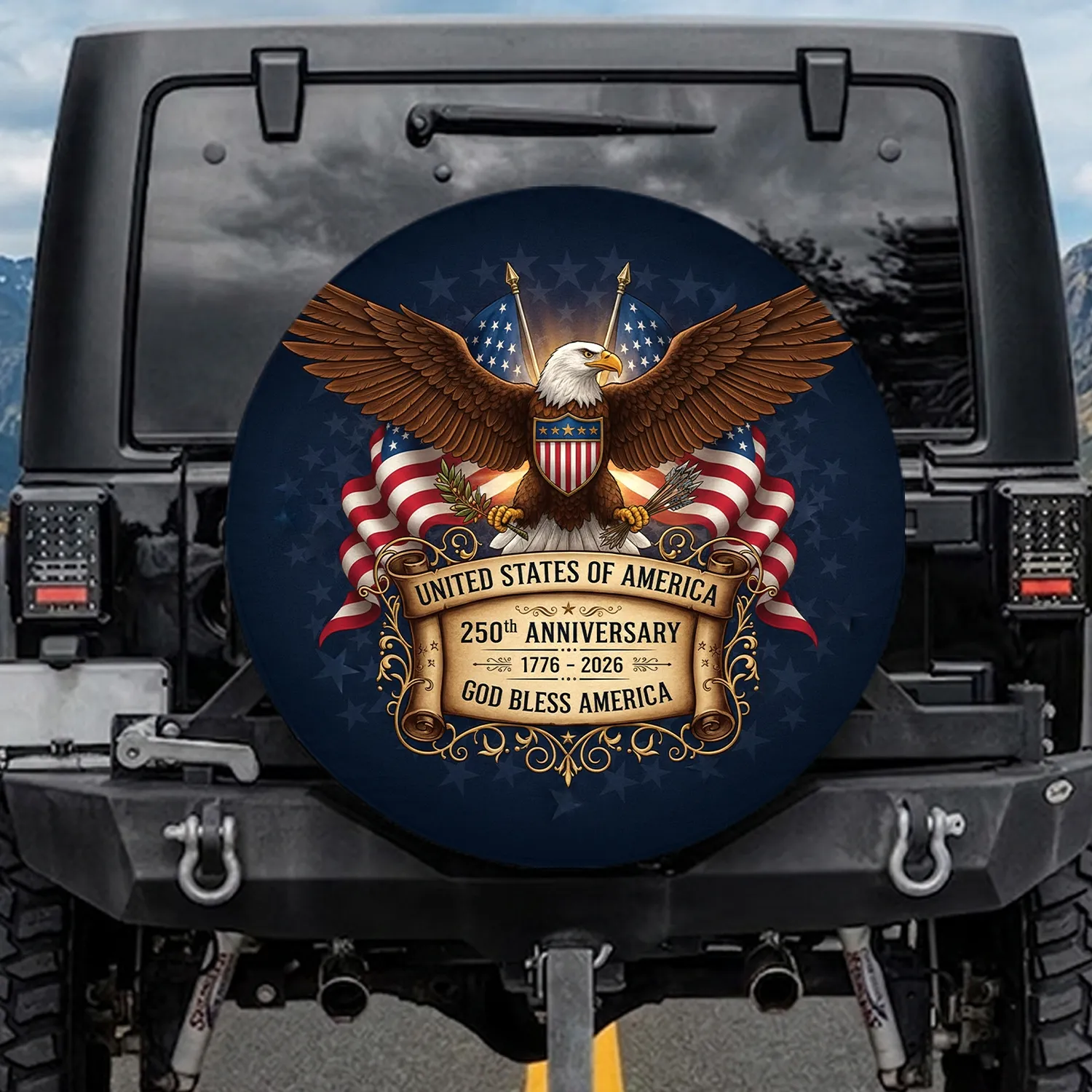 Bald Eagle American Flag Shield - 250th Anniversary Independence Day Gift for Veterans Spare Tire Cover - 1