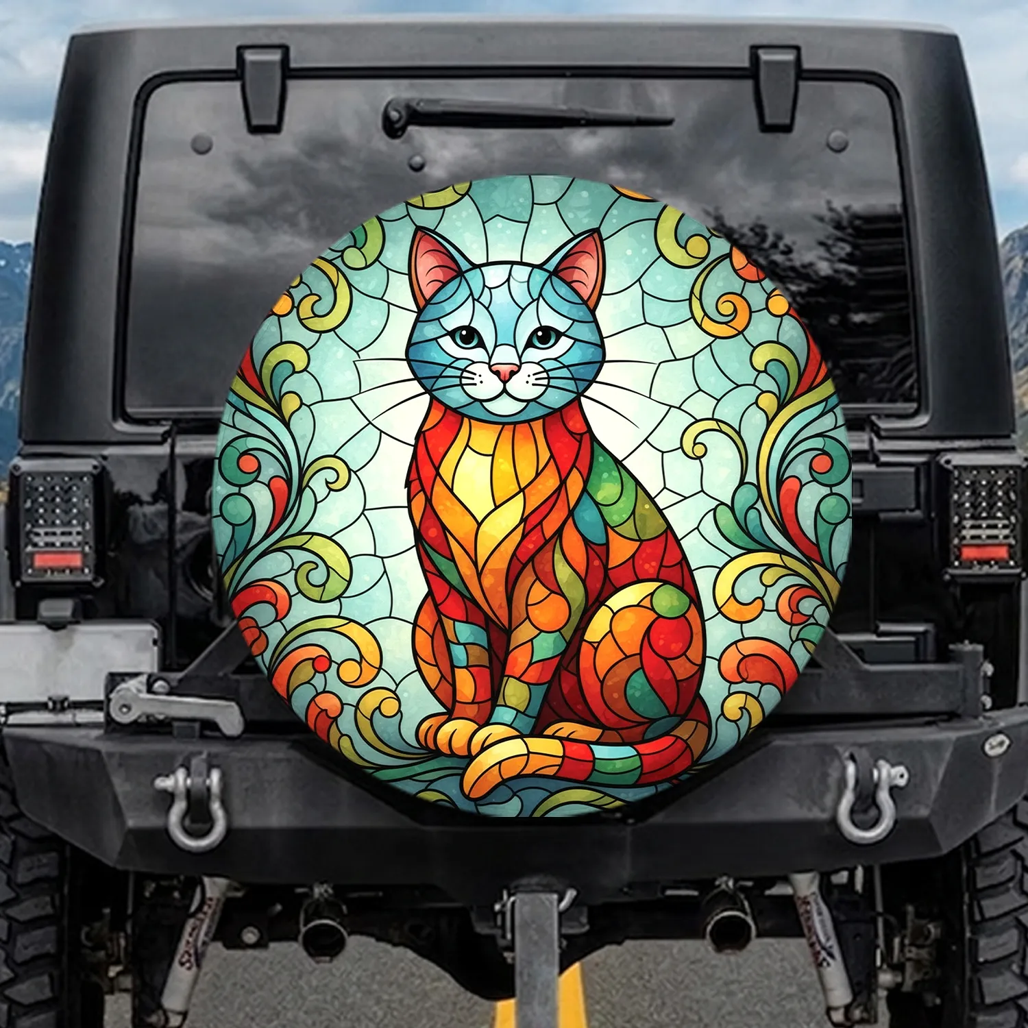 Luminous Stained Glass Sitting Cat Floral Swirl - Home Decor Gift for Cat Lover Pet Parents Spare Tire Cover - 1