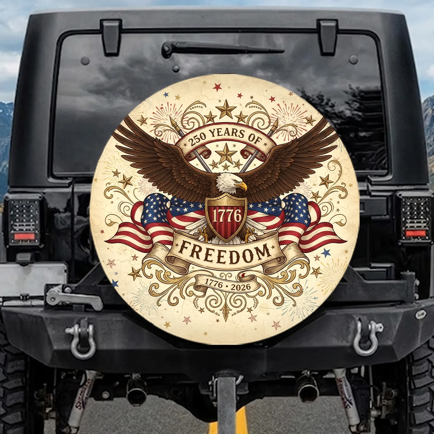 Bald Eagle American Flag Shield 250 Years of Freedom - Anniversary Gift for Veterans Spare Tire Cover - 1