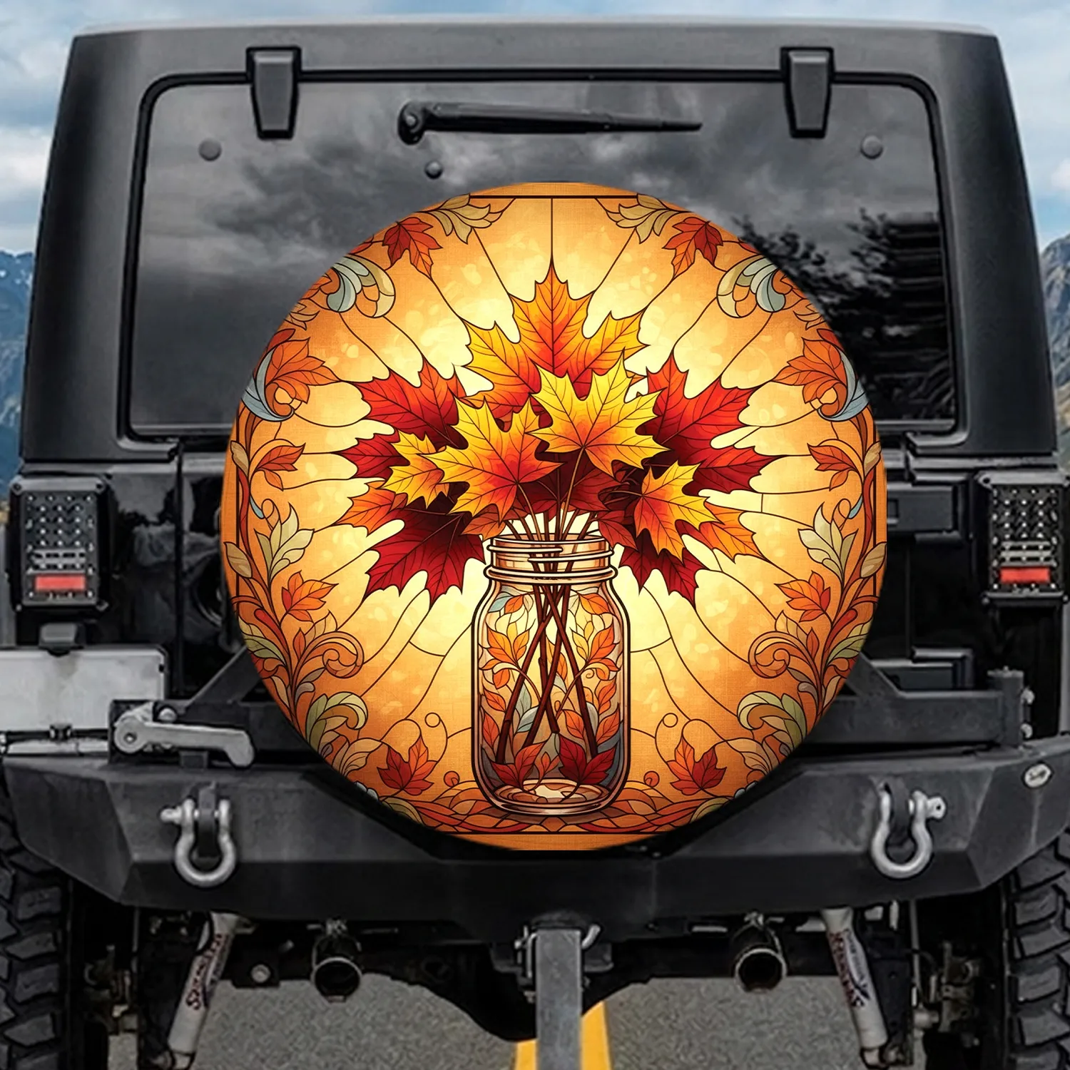 Stained Glass Autumn Maple Leaves Bouquet Mason Jar Foliage - Fall Home Decor Gift Spare Tire Cover - 1