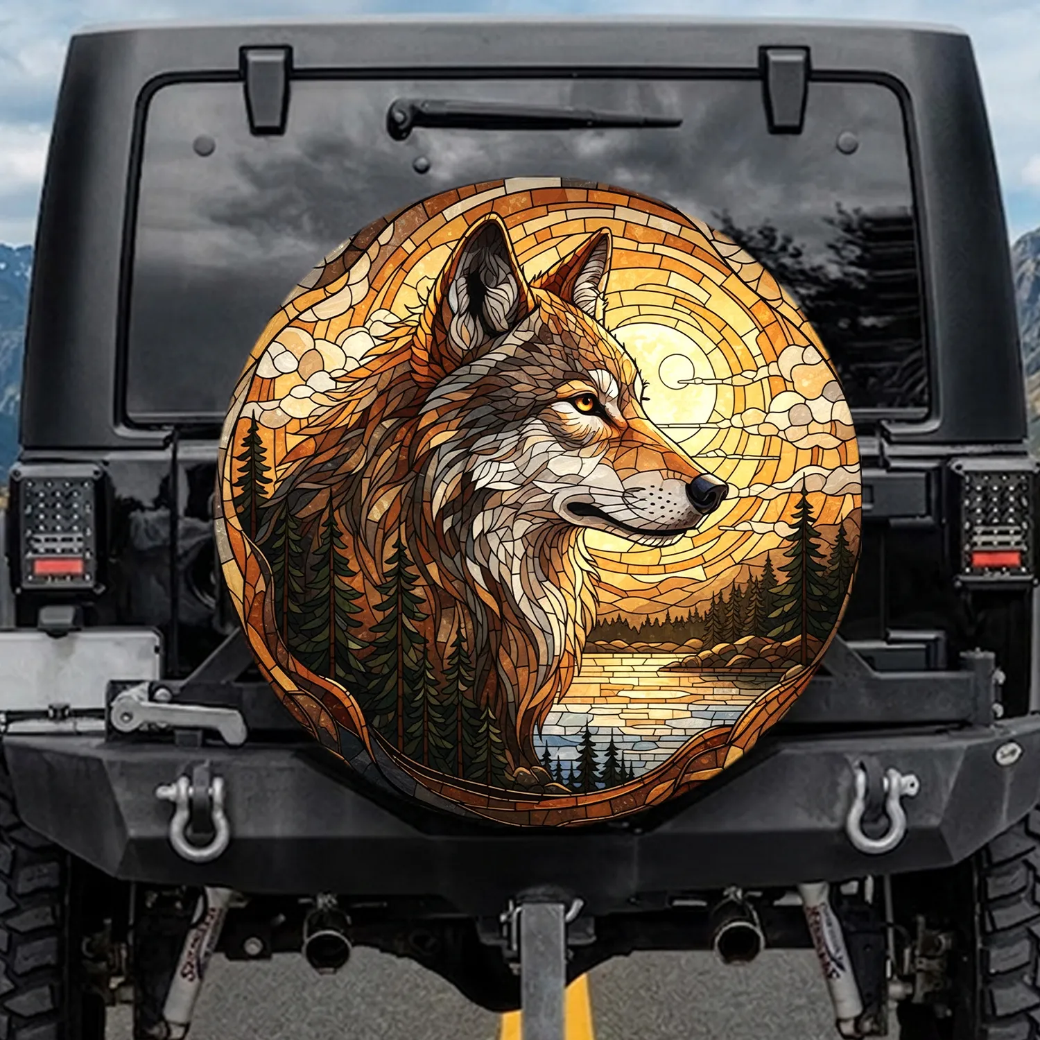 Stained Glass Wolf Head Glowing Moon Twilight Forest - Wildlife Lover Gift Spare Tire Cover - 1