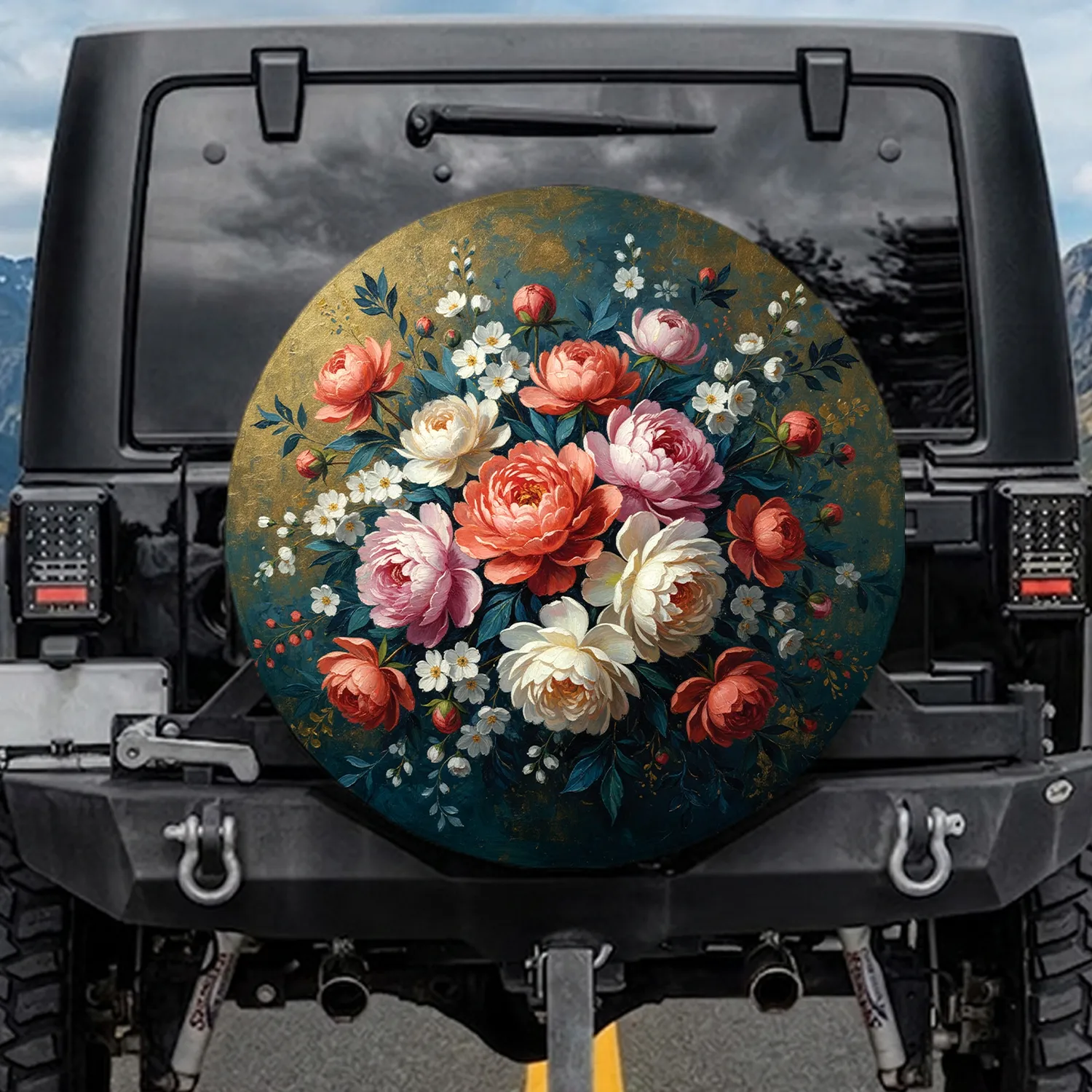 Luxuriant Coral Pink Peonies Bouquet Antique Gold Leaf Foliage - Home Decor Gift Spare Tire Cover - 1