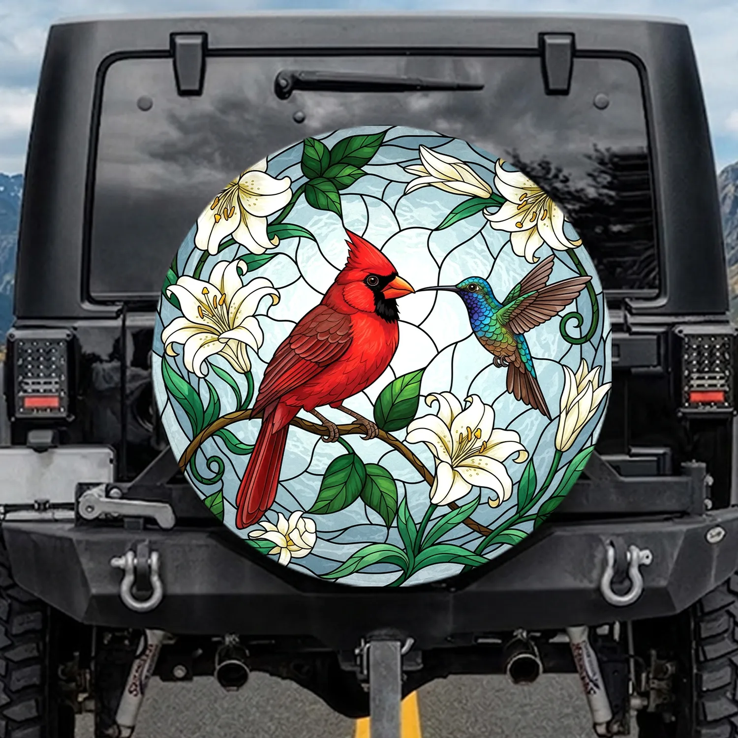 Stained Glass Cardinal Hummingbird Madonna Lilies - Wildlife Lover Gift Spare Tire Cover - 1