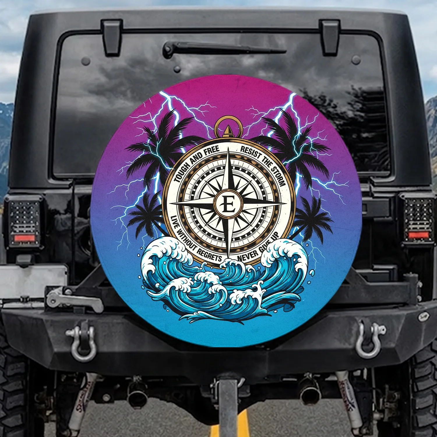 Tough Free Never Give Up Compass Rose Lightning Palm Wave - Outdoor Explorer Gear Spare Tire Cover - 1