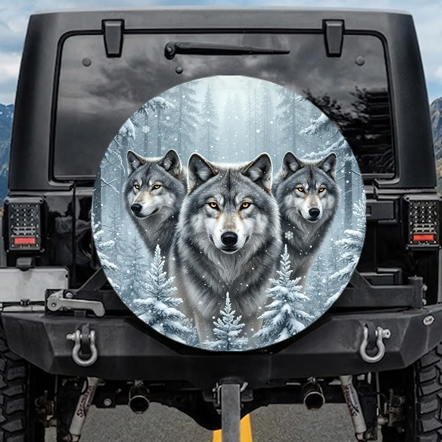 Three Grey Wolves Winter Forest Snow Pines Landscape - Wildlife Lover Gift Spare Tire Cover - 1