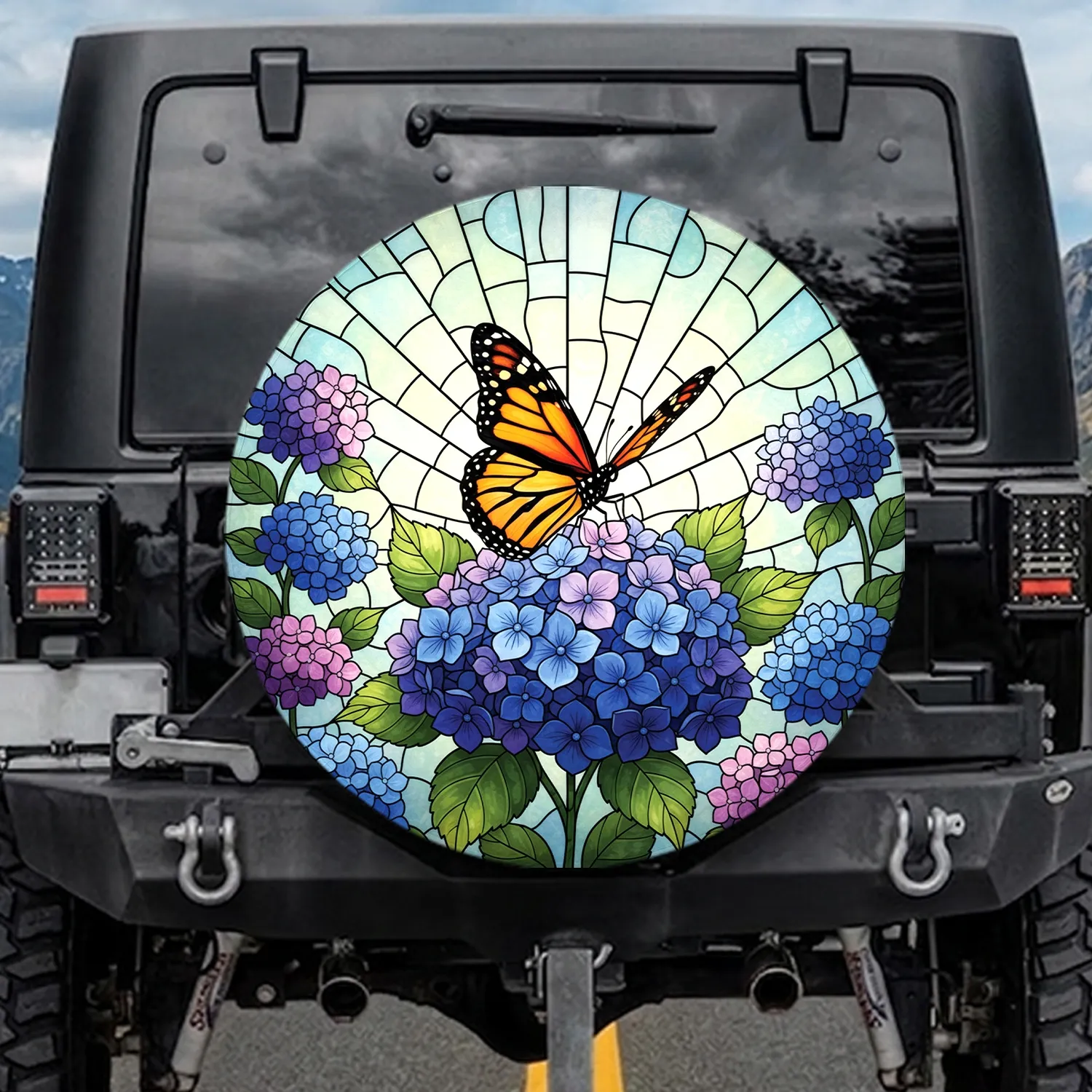 Monarch Butterfly Hydrangea Blossoms - Home Decor Gift for Garden Lover Spare Tire Cover - 1