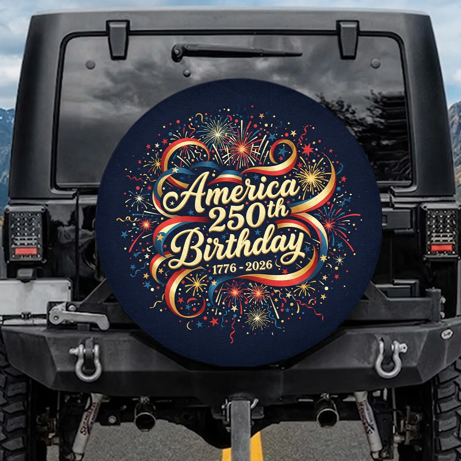 America 250th Birthday 1776-2026 Ribbons Fireworks - Independence Day Commemorative Spare Tire Cover - 1