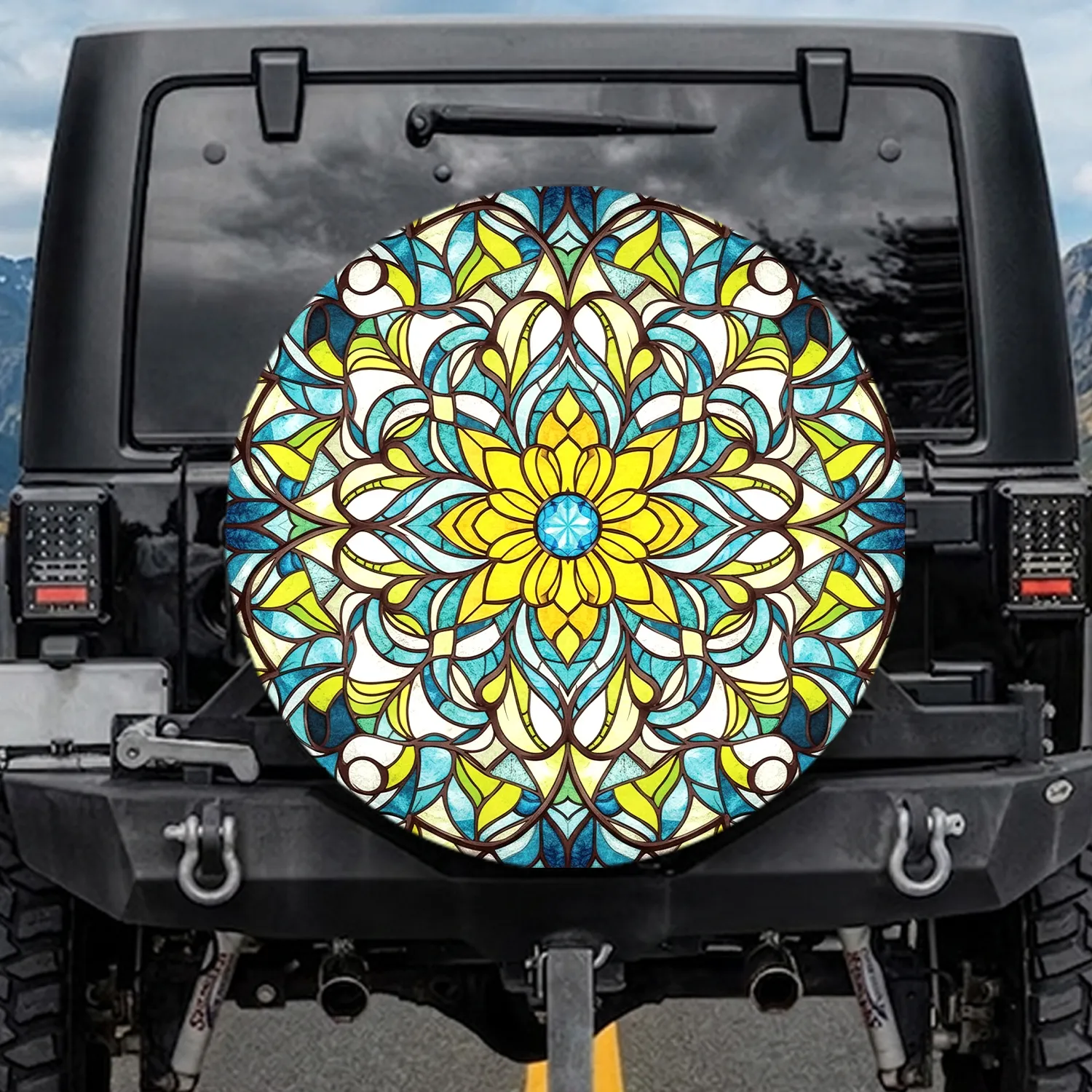 Teal Lime Stained Glass Six-Petal Flower Jewel Leaf - Garden Lover Home Decor Gift Spare Tire Cover - 1