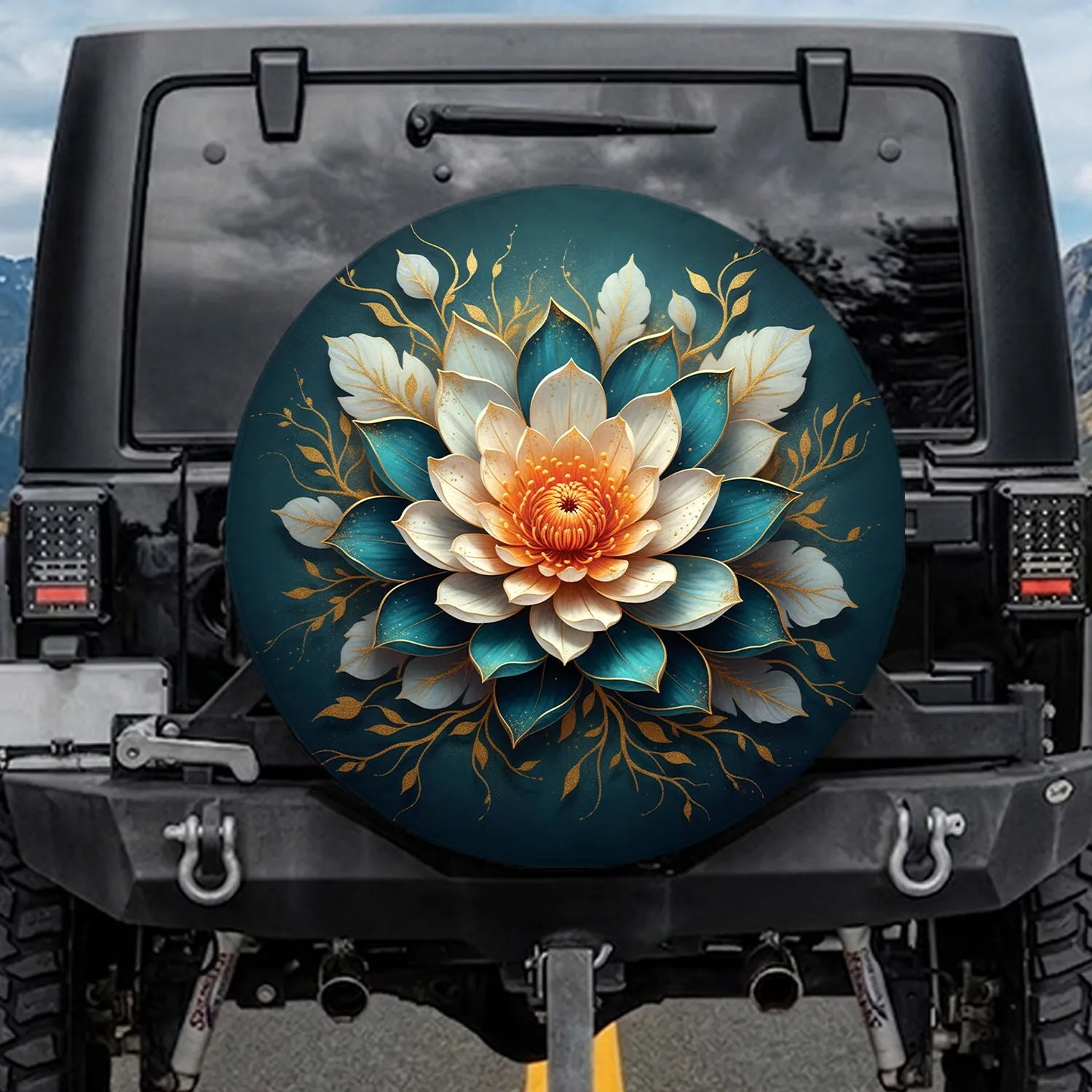 Realistic Creamy White Teal Blue Flower Orange Gold Stamen Gold Flecks - Vehicle Decor Gift Spare Tire Cover - 1