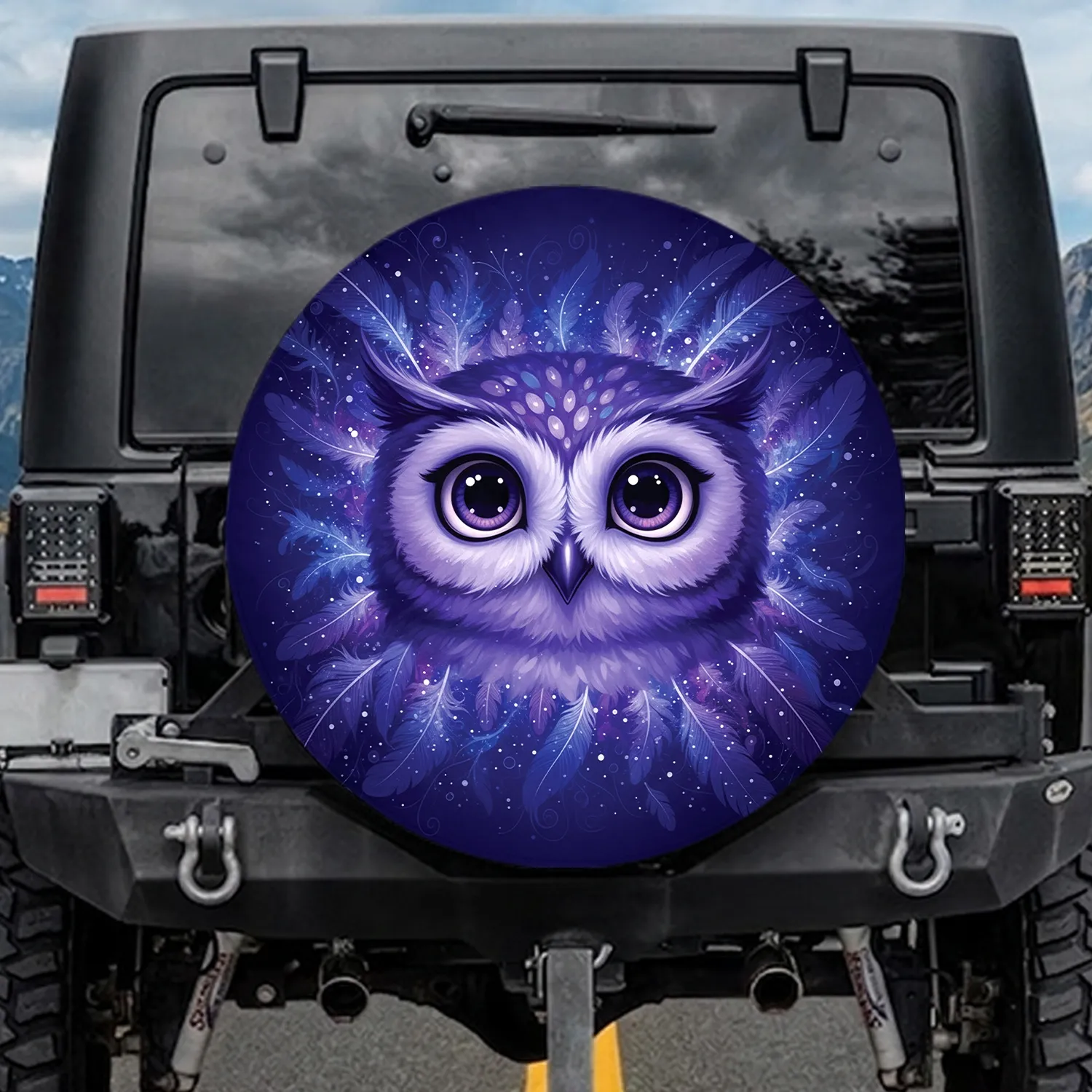 Large-Eyed Purple Owl Face Night Sky - Wildlife Lover Gift Spare Tire Cover - 1