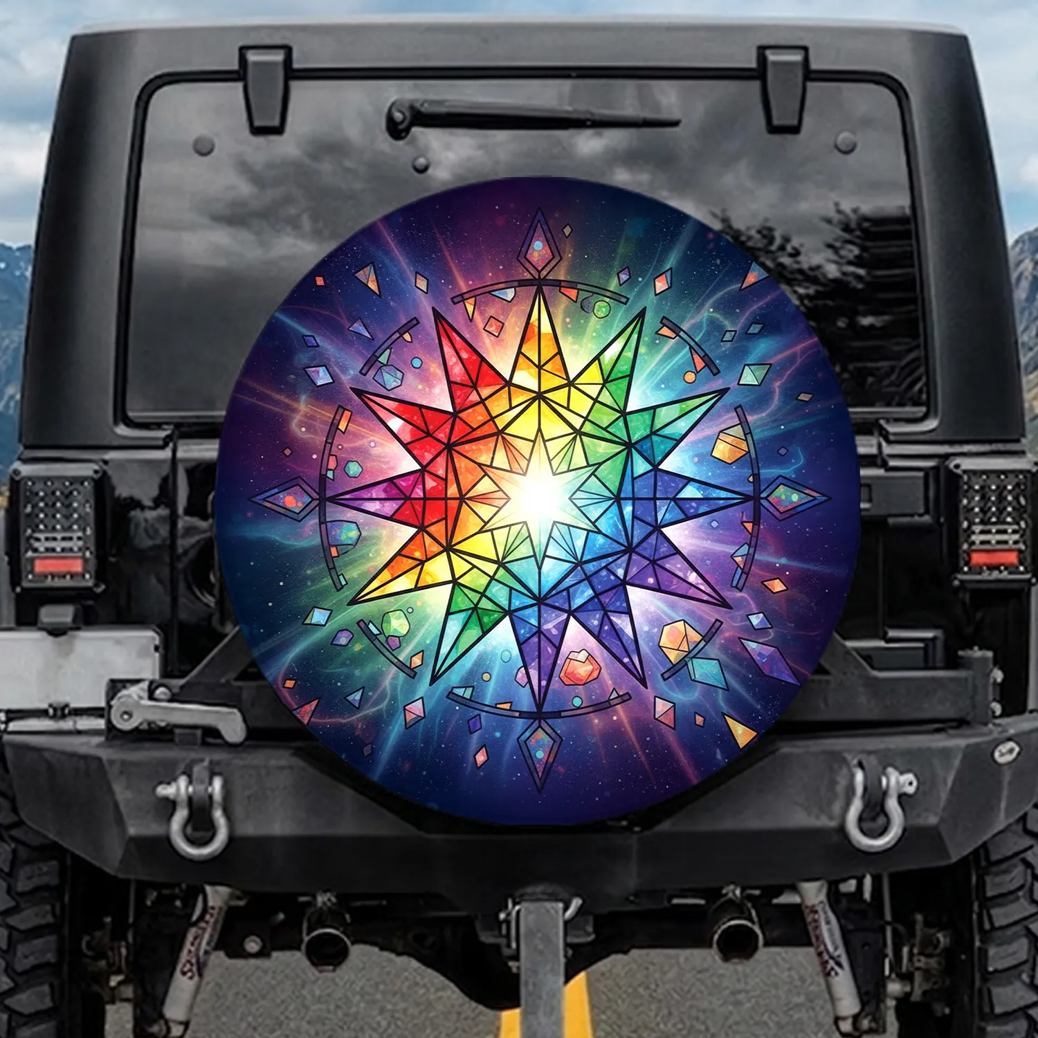 Stained Glass 12-Point Star Midnight Sky Stardust - Spiritual Home Decor Gift Spare Tire Cover - 1