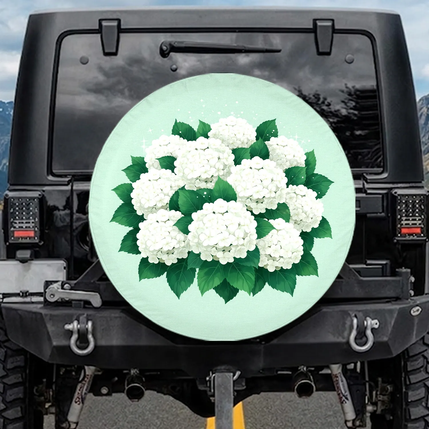 White Hydrangea Emerald Leaf Pastel Mint Background Sparkle - Home Decor Gift Spare Tire Cover - 1