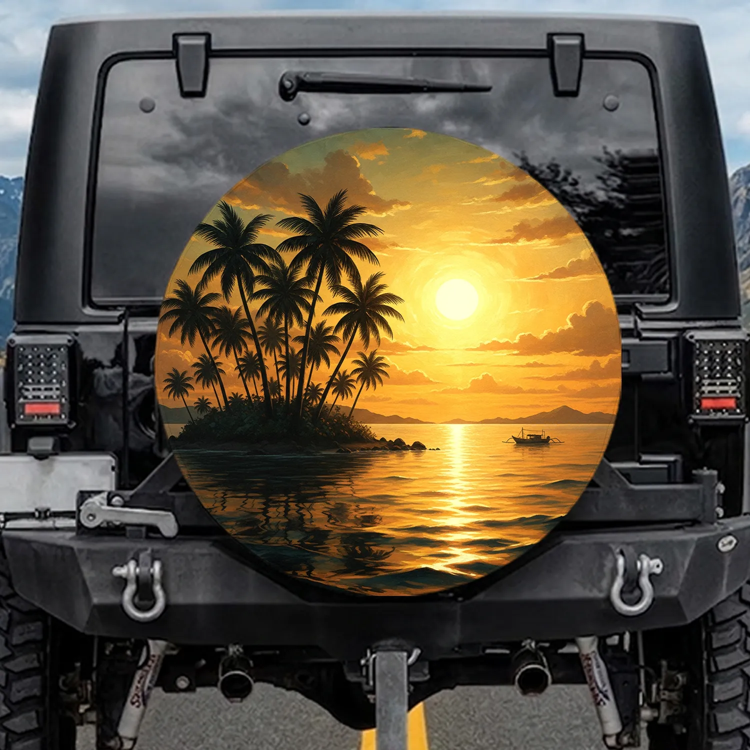 Golden Sun Tropical Island Palm Trees Ocean Sunset - Beach Vacation Travel Spare Tire Cover - 1