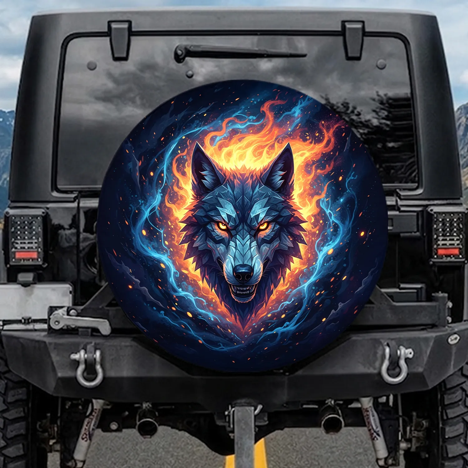 Faceted Wolf Head Glowing Mane Cosmic Vortex - Wildlife Lover Gift Spare Tire Cover - 1