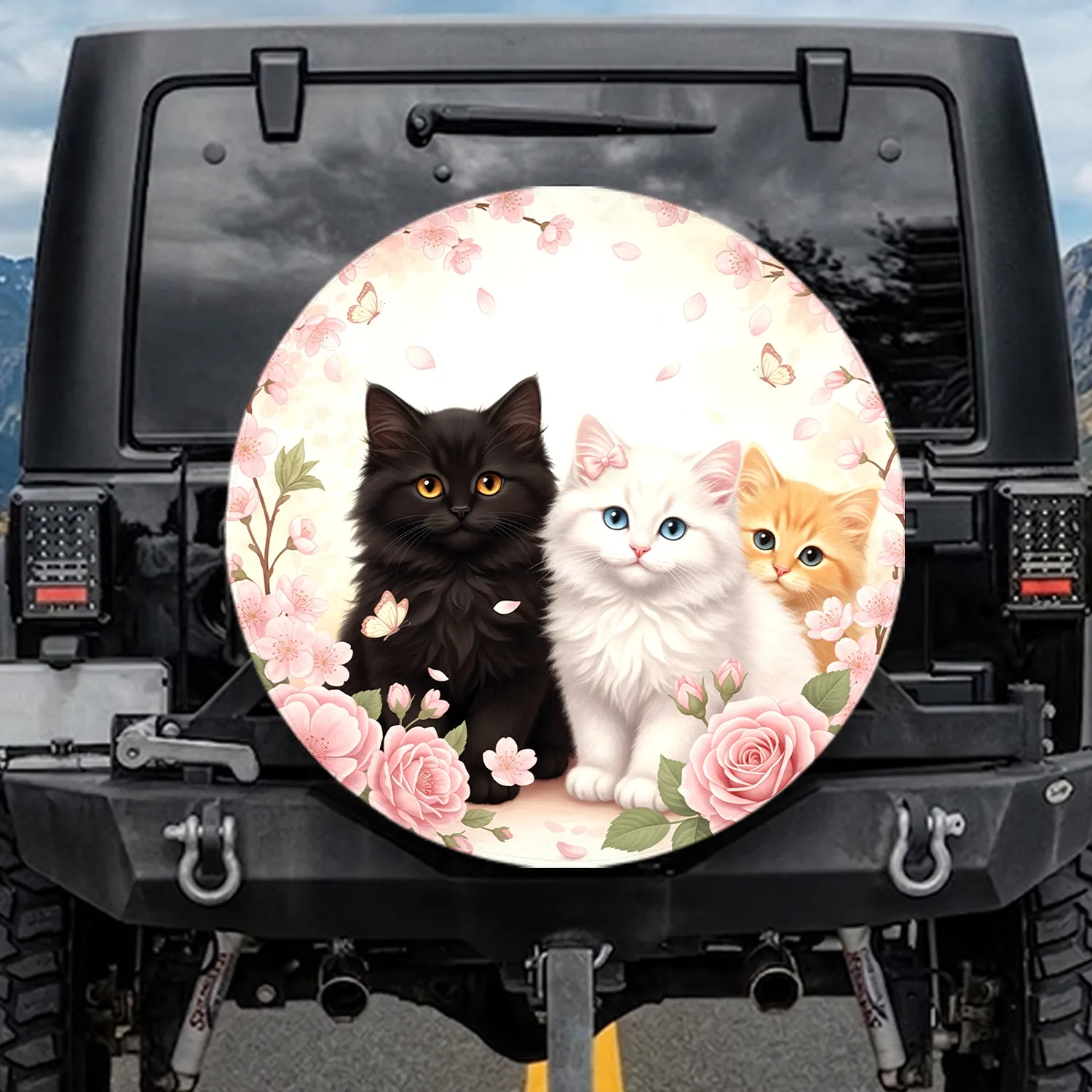 Fluffy Kittens Cherry Blossoms Roses Butterflies - Cat Lover Vehicle Gift Spare Tire Cover - 1