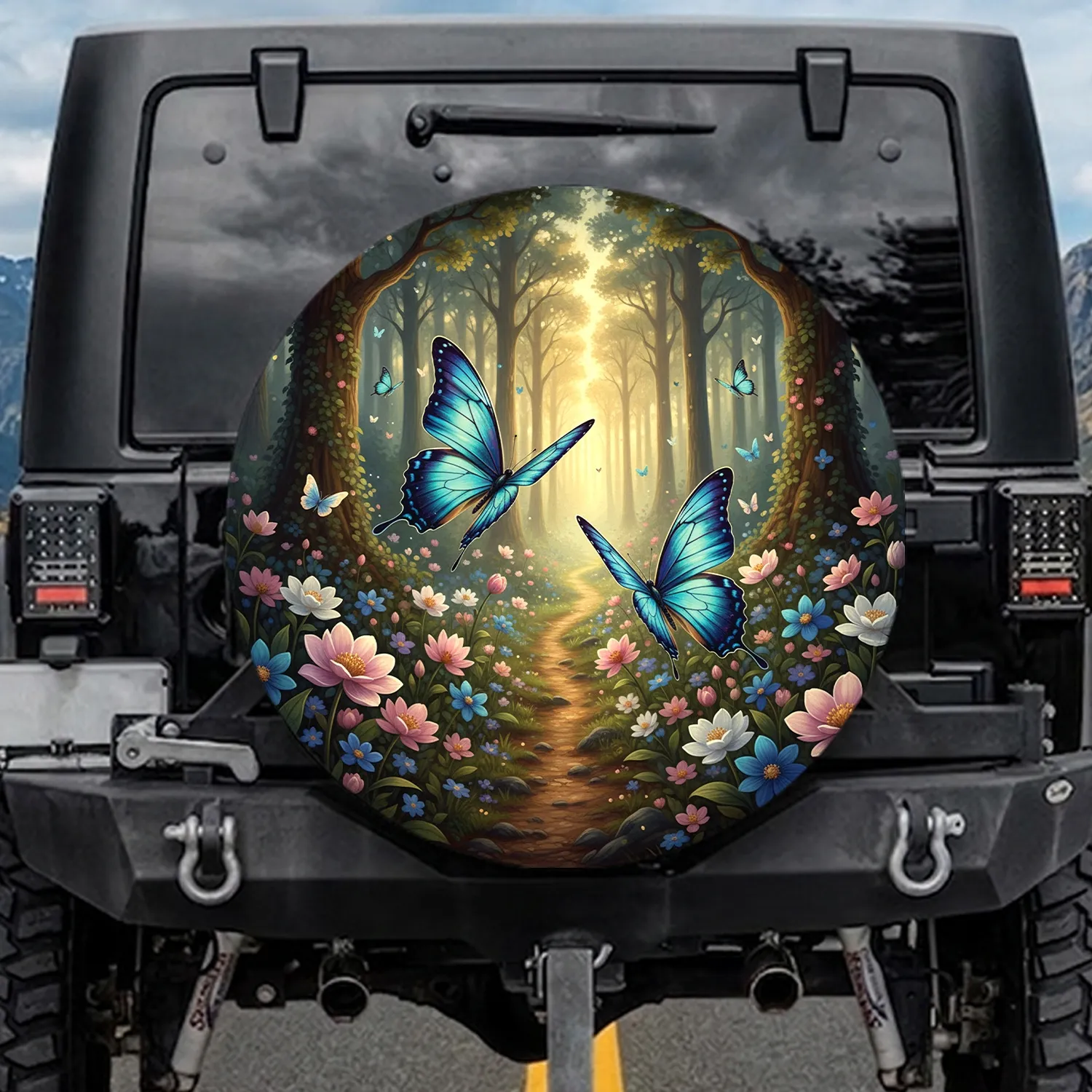 Glowing Iridescent Butterflies Ethereal Floral Forest Path - Wildlife Lover Gift Spare Tire Cover - 1
