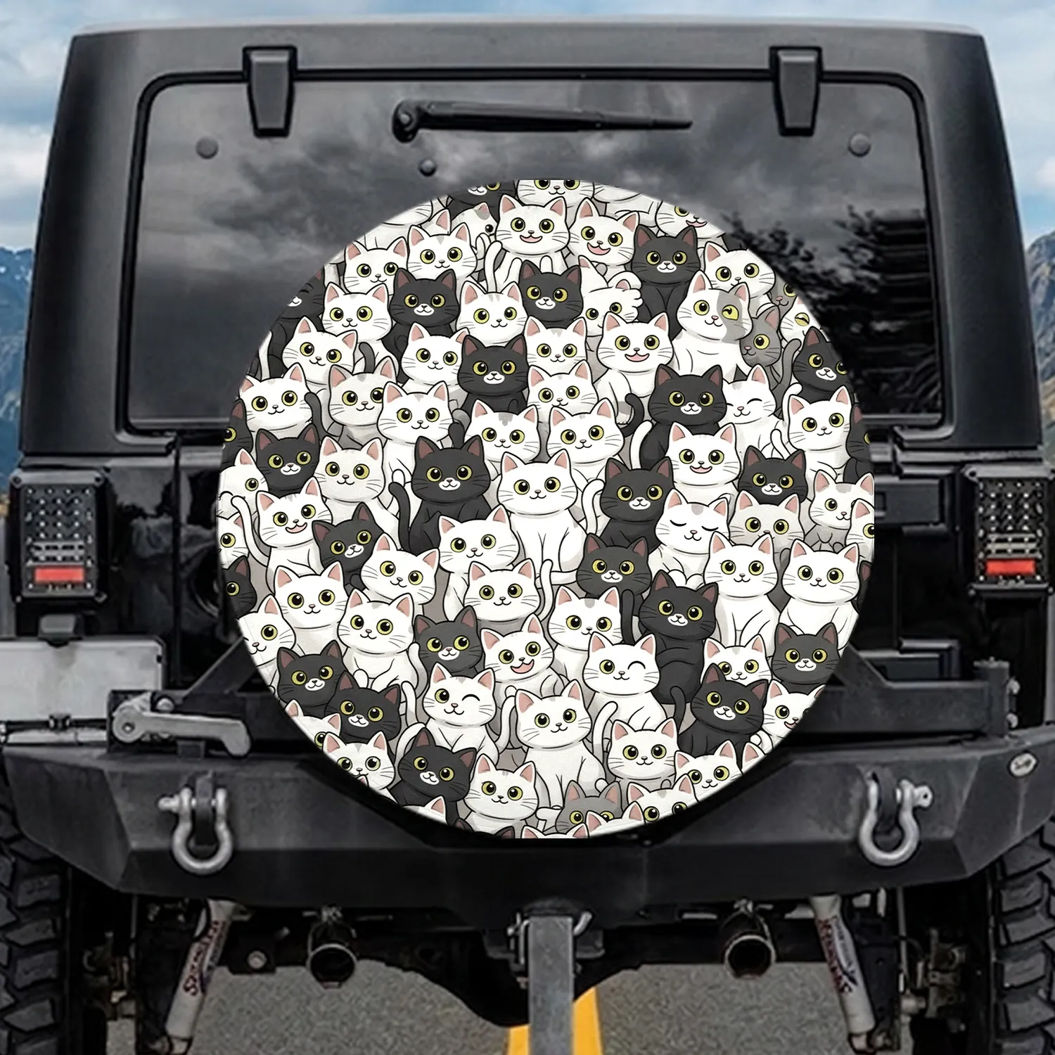 Dense Layered Cartoon Cat Faces Mosaic - Vehicle Accessory for Cat Lovers Spare Tire Cover - 1
