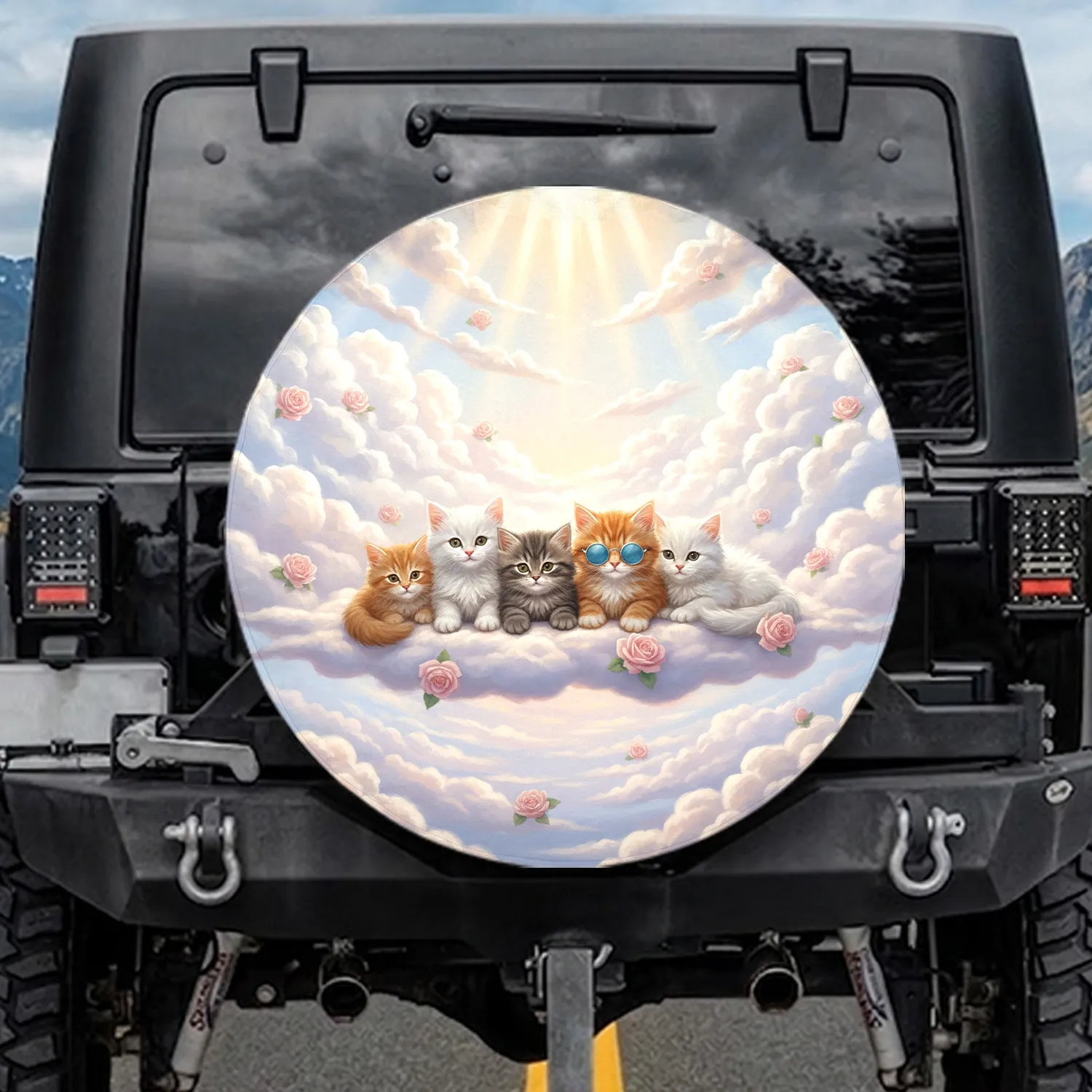 Five Fluffy Kittens Blue Sunglasses Clouds Roses - Pet Lover Gift Spare Tire Cover - 1