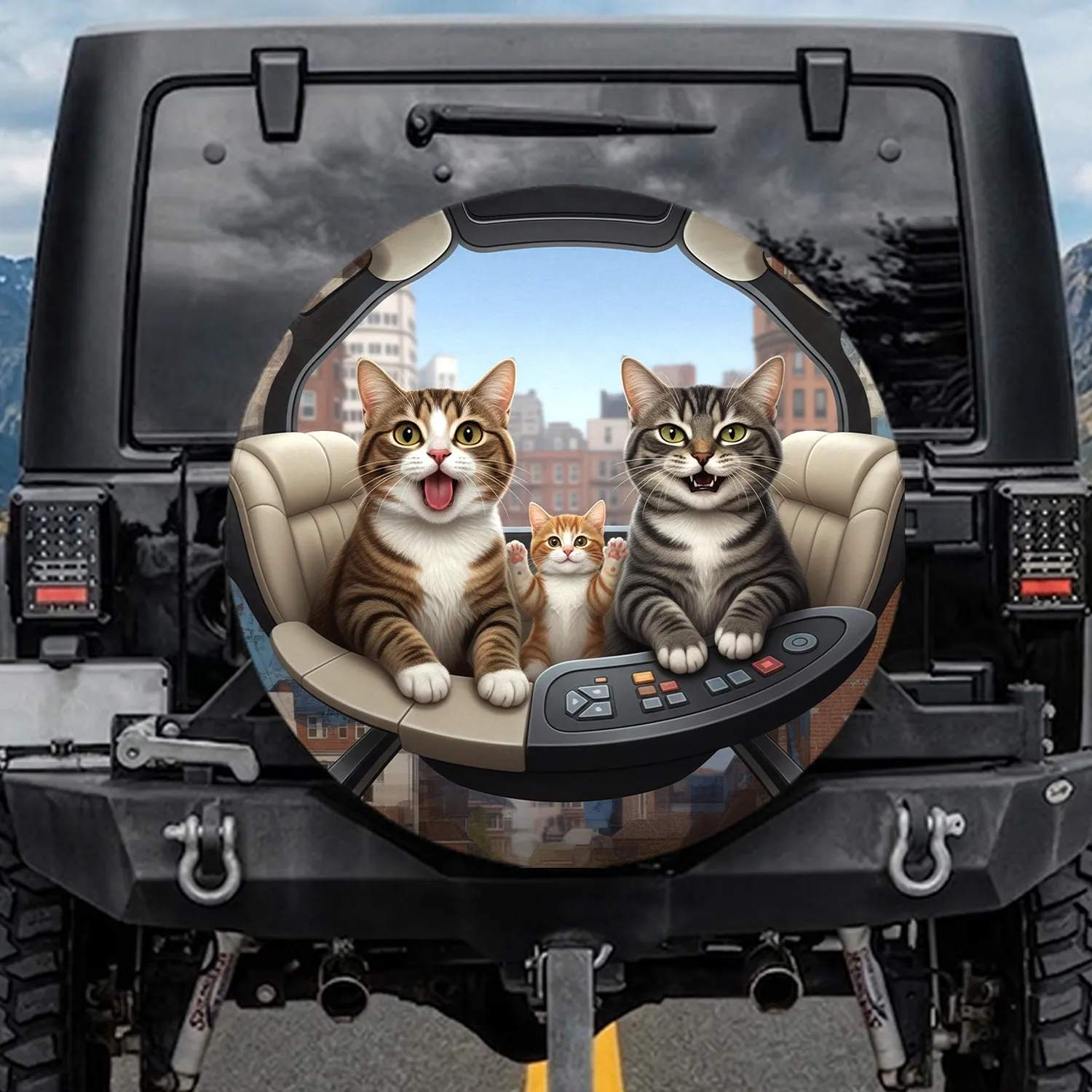 Grimacing Tabby Cats Urban Landscape - Everyday Car Decor for Cat Owners Spare Tire Cover - 1