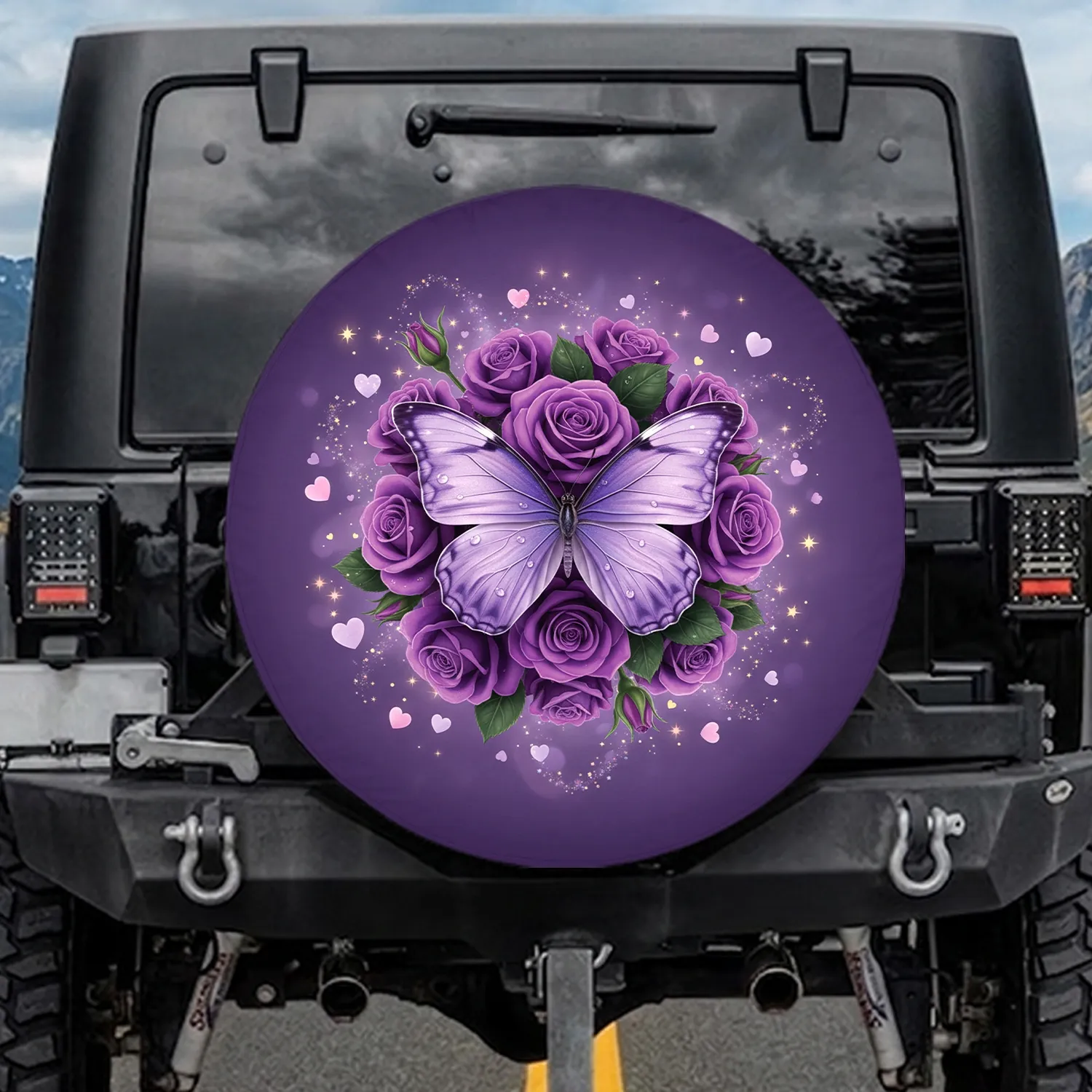 Lavender Butterfly Purple Roses Stars Hearts - Nature Lover Gift Spare Tire Cover - 1