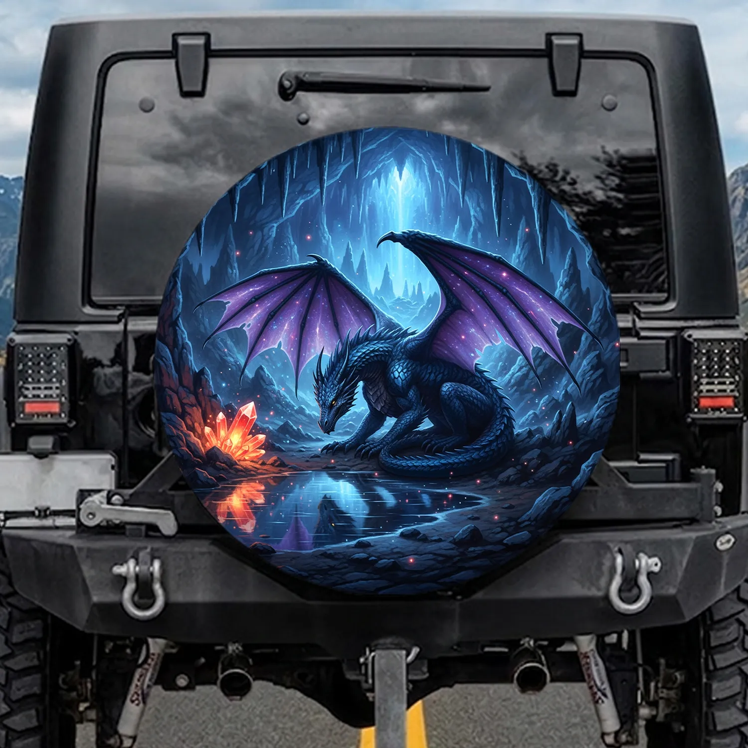 Dark Blue Dragon Luminous Purple Wings Mystical Cavern - Fantasy Lover Gift Spare Tire Cover - 1