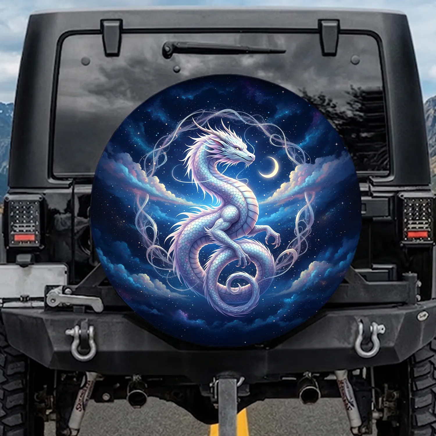 Iridescent White Dragon Celestial Night Sky - Fantasy Lover Gift Spare Tire Cover - 1