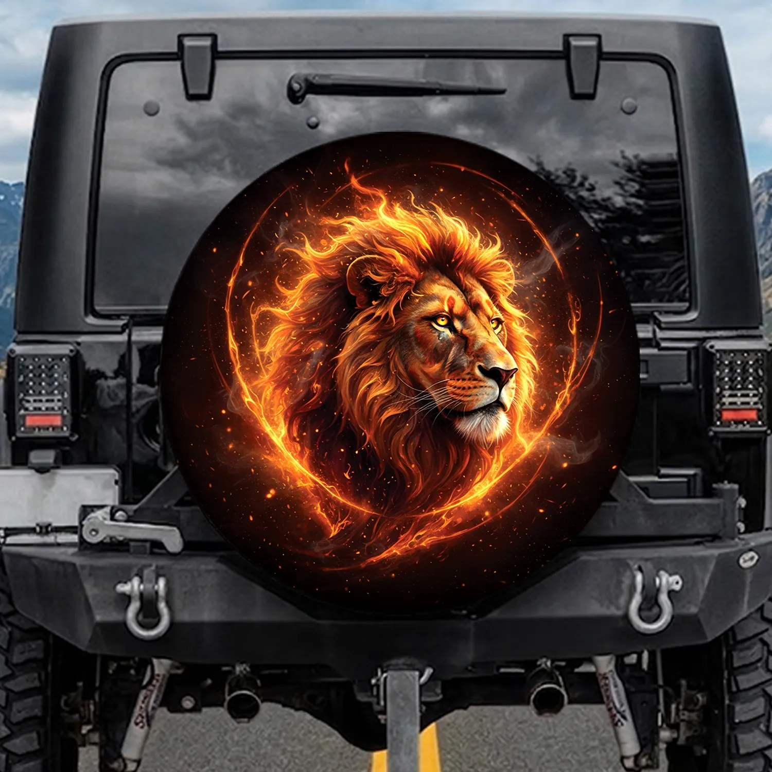 Lion Head Swirling Flames Embers Golden Eyes Molten Energy Cosmic Dust - Wildlife Lover Gift Spare Tire Cover - 1