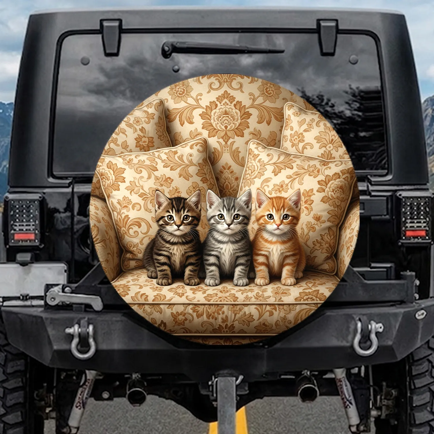 Three Tabby Kittens Vintage Floral Damask Sofa - Cat Lover Home Decor Gift Spare Tire Cover - 1
