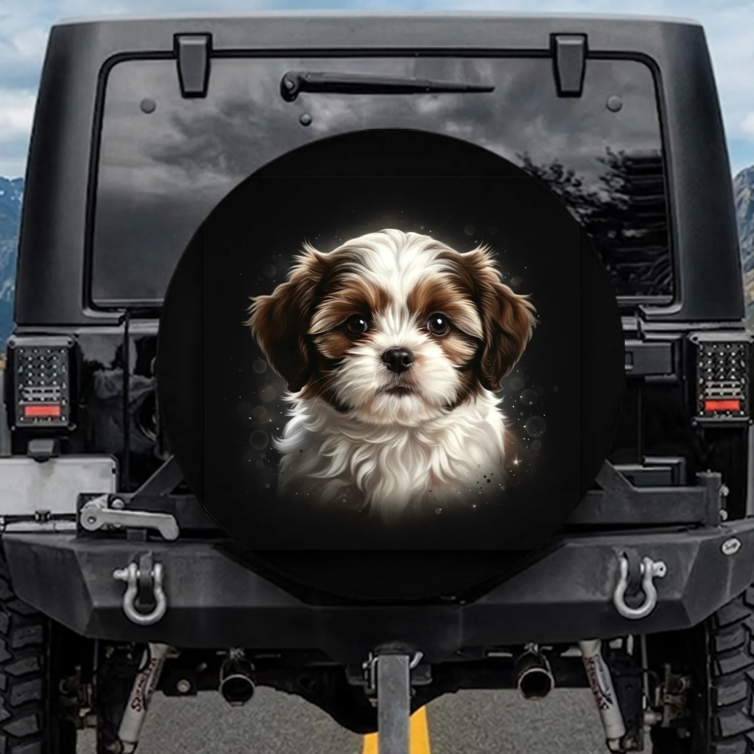 Shih Tzu Puppy White Brown Fur Dark Eyes Black Background - Dog Lover Gift Spare Tire Cover - 1