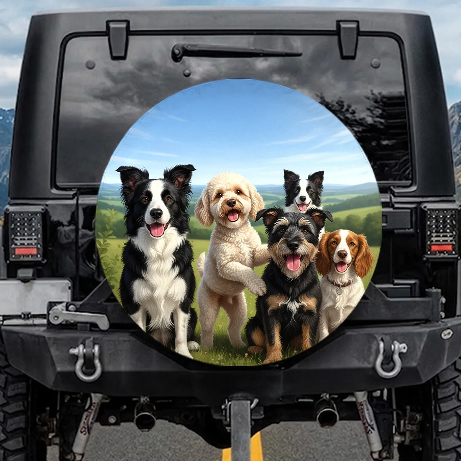 Diverse Happy Dogs Green Hills Blue Sky - Dog Lover Gift for Pet Parents Spare Tire Cover - 1
