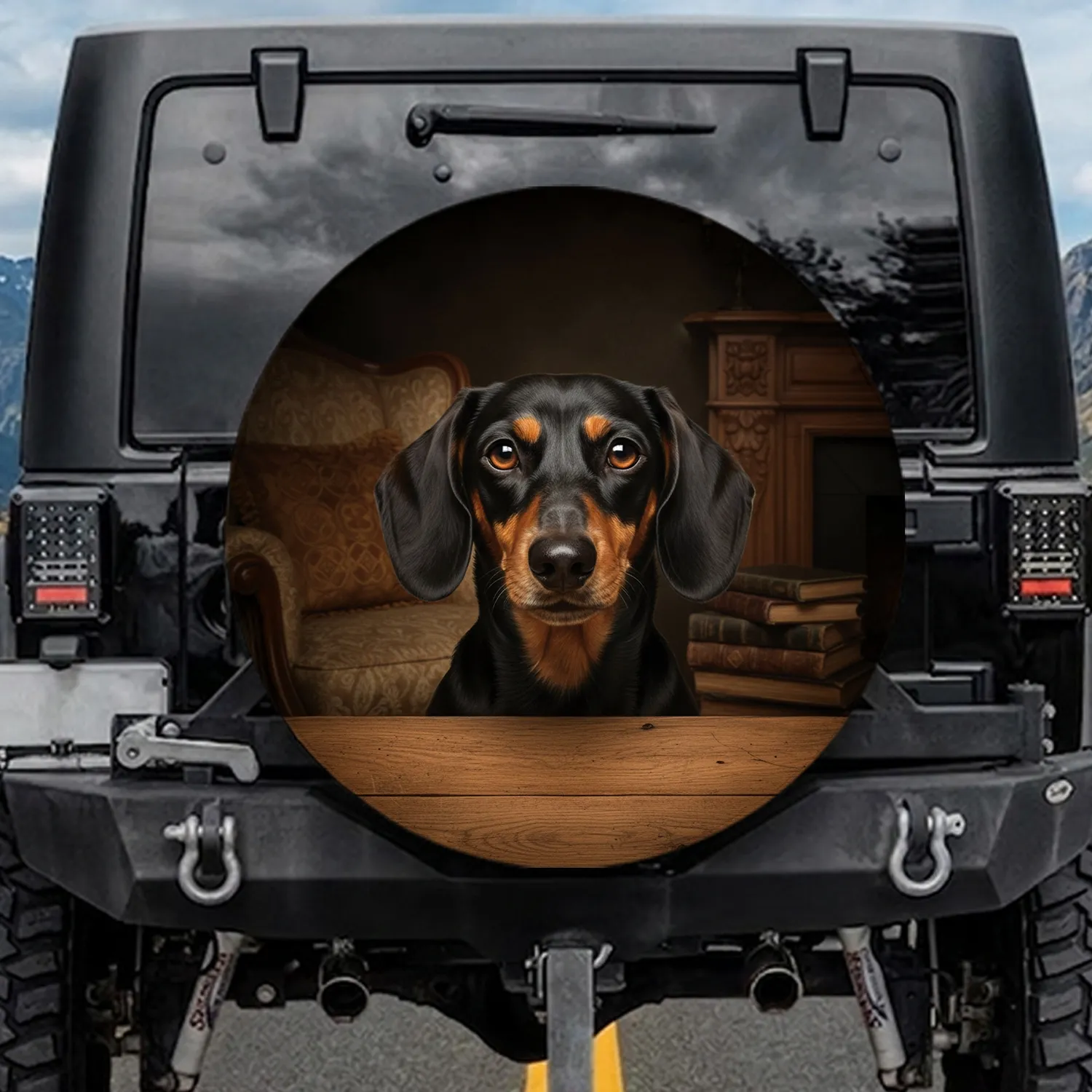 Realistic Black Tan Dachshund Dog Face Amber Eyes Wooden Plank - Pet Lover Gift Spare Tire Cover - 1