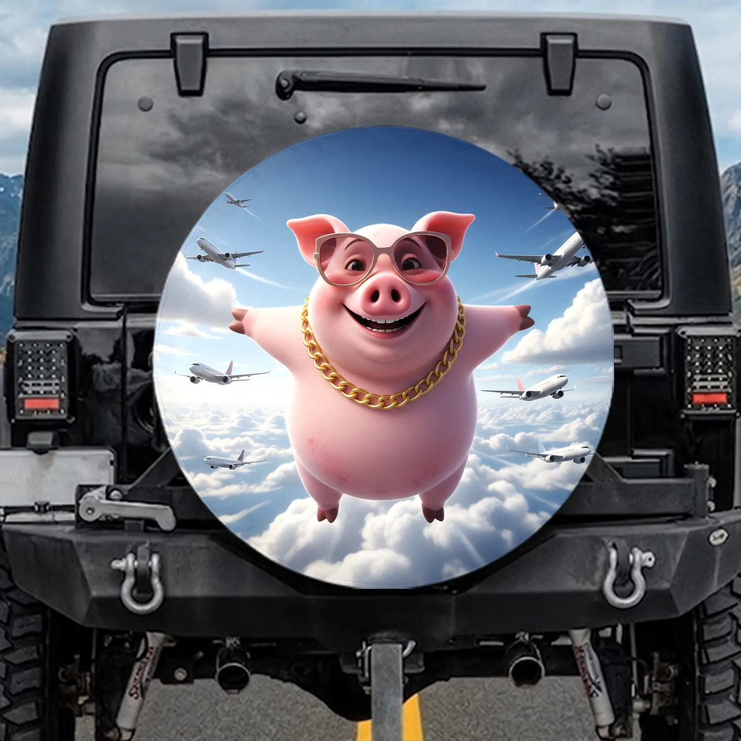 Pink Pig Flying Airplanes Clouds - Travel Lover Adventure Gift for Kids Spare Tire Cover - 1