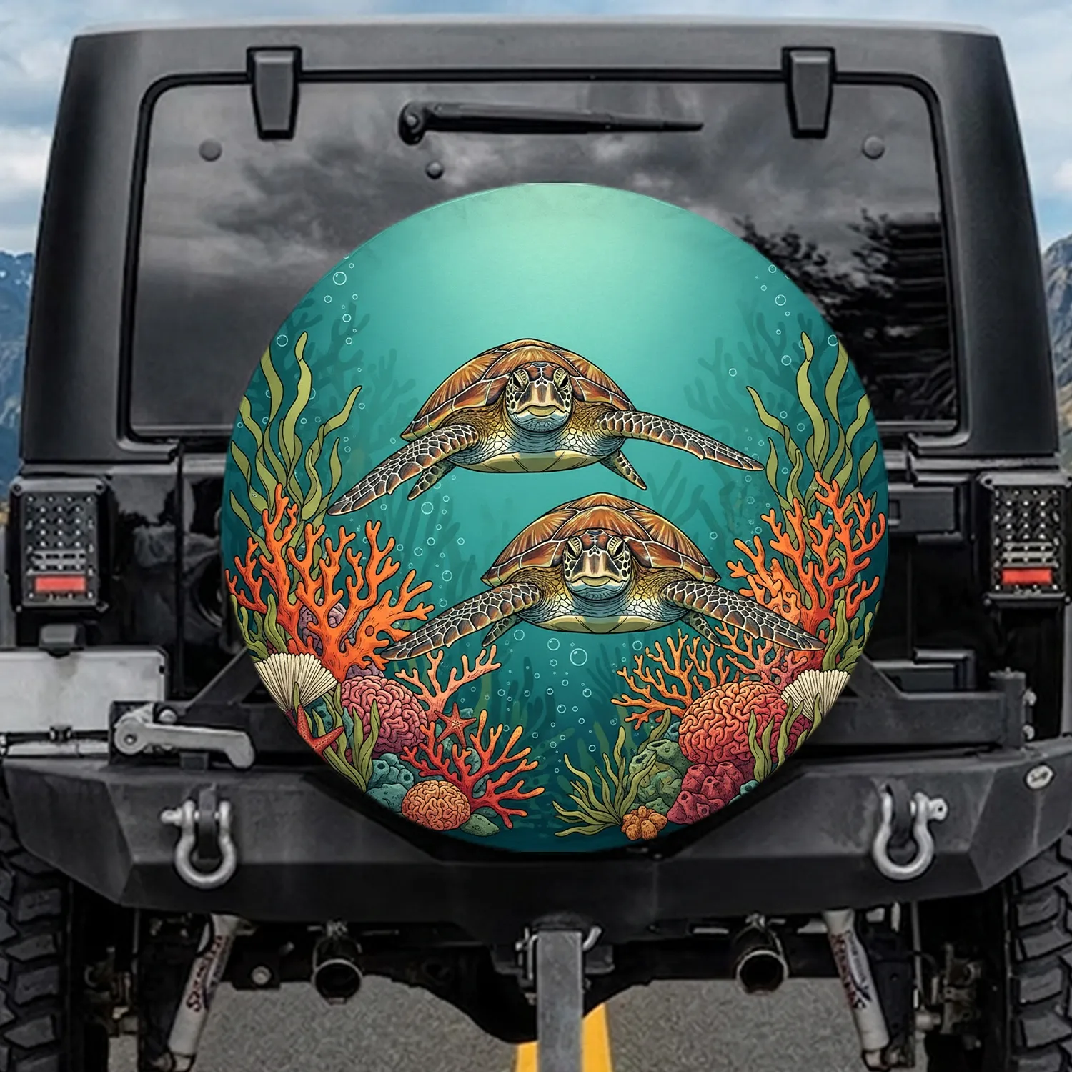 Green Sea Turtles Coral Starfish Underwater Marine Life - Ocean Lover Gift Spare Tire Cover - 1